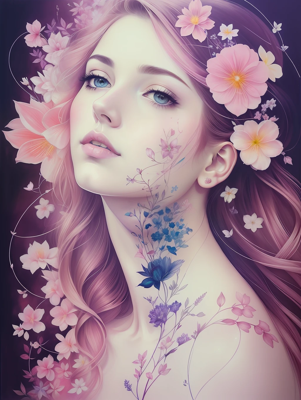 A botanical masterpiece in the style of Marco Mazzoni, detailed, hyper-realistic, elemets of symbolism and surrealism, a painting by mse a woman by agnes cecile, luminous design, pastel colours, ink drips, spring lights, intricate design, intertwined, beautiful woman, flowers, pastel
