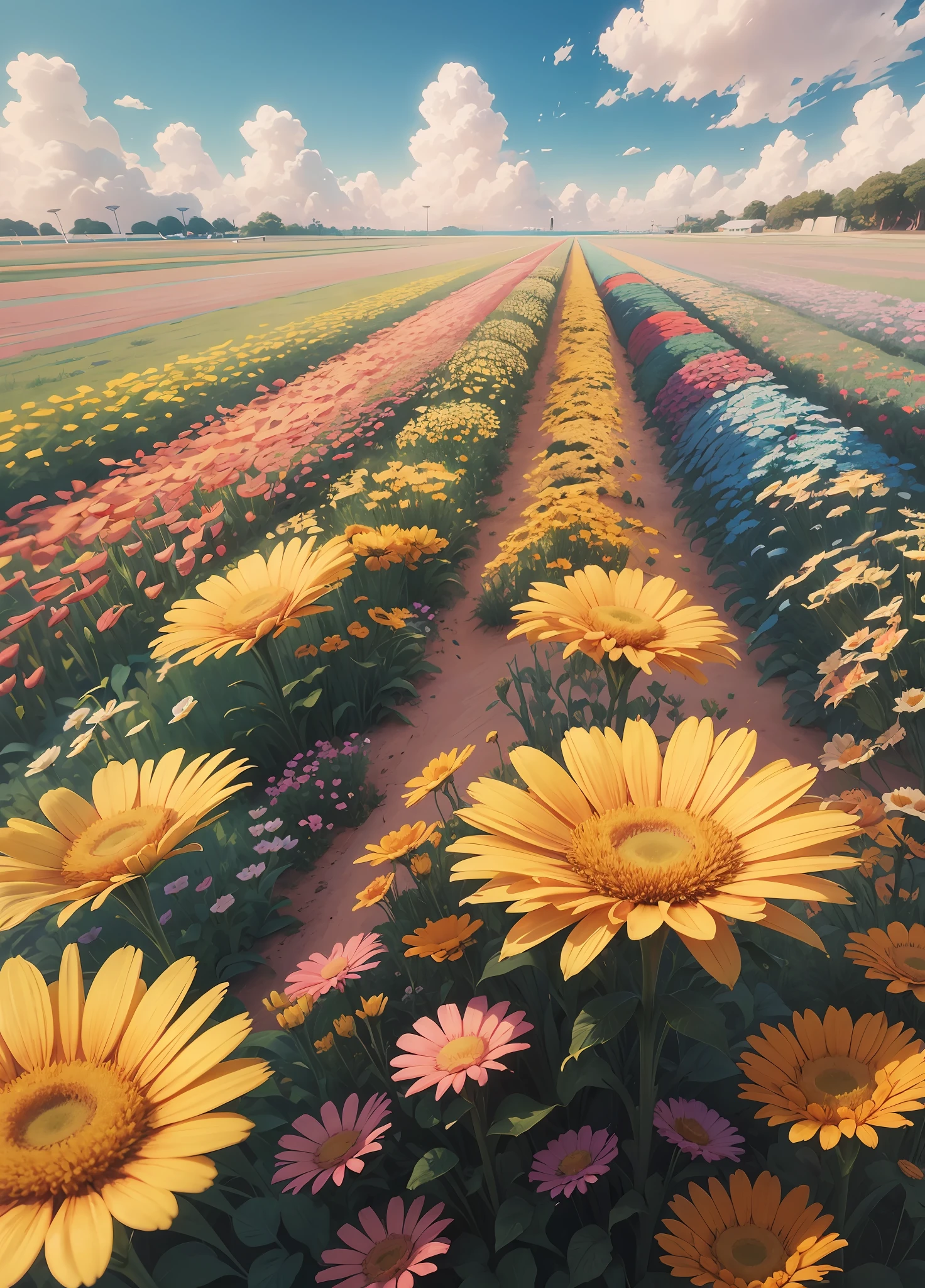 image of a sunny dayscape, vibrant children's, art style, cartoon, artistic, soft color palette, flowers of various types blown by the wind, brightness, magical photography, soft soft lighting, light background, realistic photo, super detailed, 4k, high resolution, super thin sharp, high quality, unique, beautiful colors, rendered 3d, --auto --s2