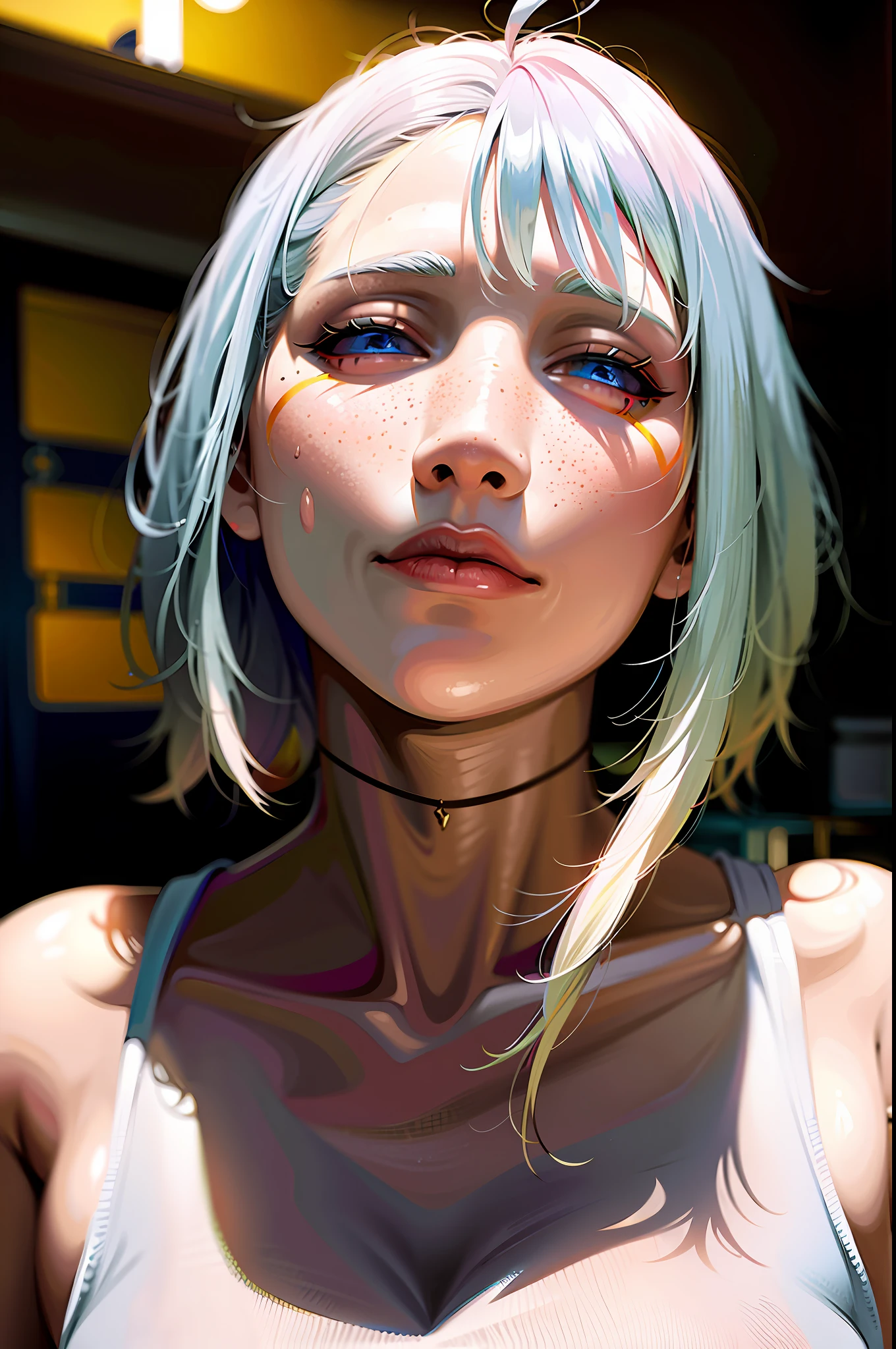25 year old brunette swedish sweaty girl, stockings and garterbelt, the clothes are lite transparent, platinum hair, sunburnt pale ivory skin, beautidul azure eyes, few freckles,