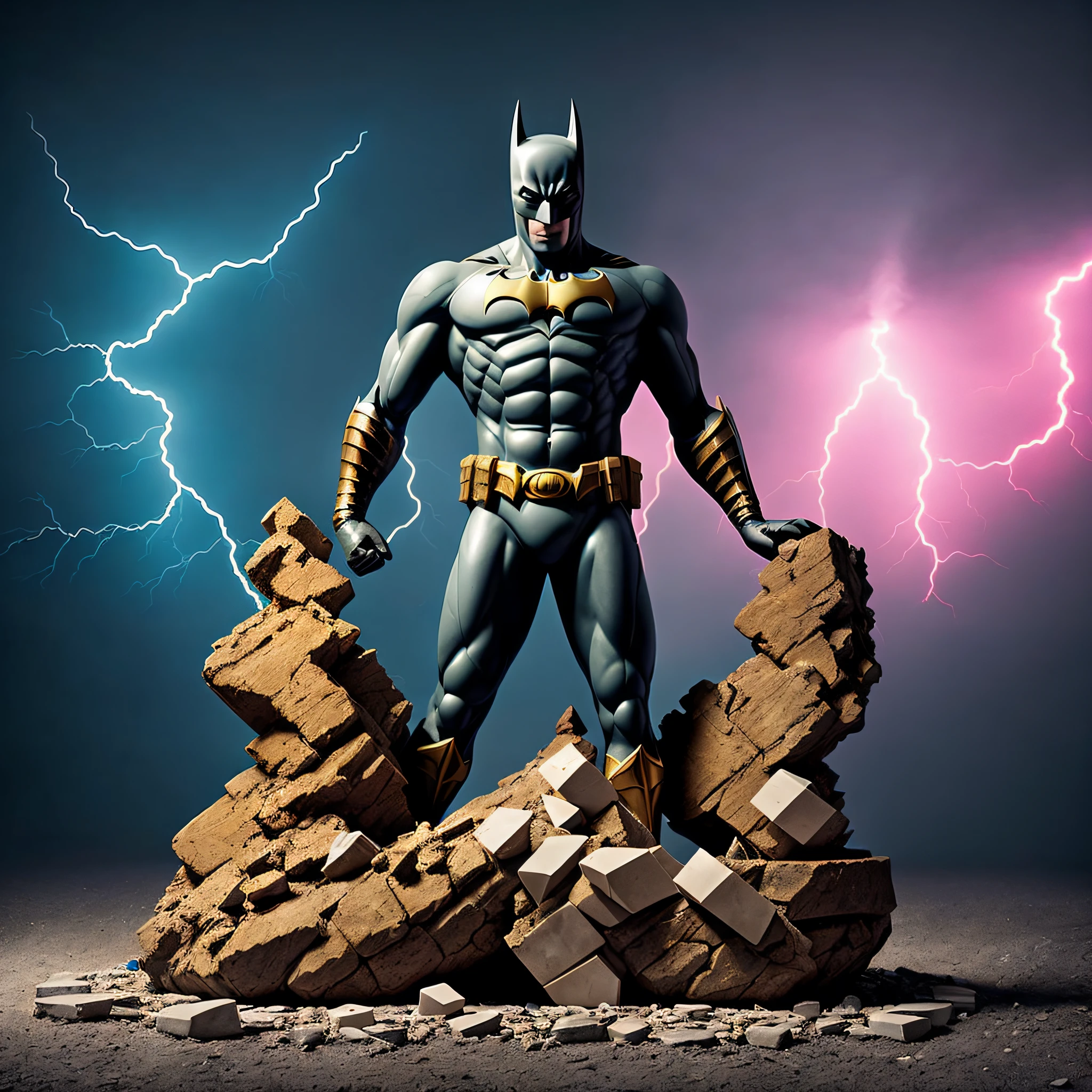 mdjrny-shttr, broken statue of batman made of (marble:1.1) with golden inlays with (blue lightnings:1.3) on background, floating stones from statue, hyper-realism, best quality hyper-realism, best quality
