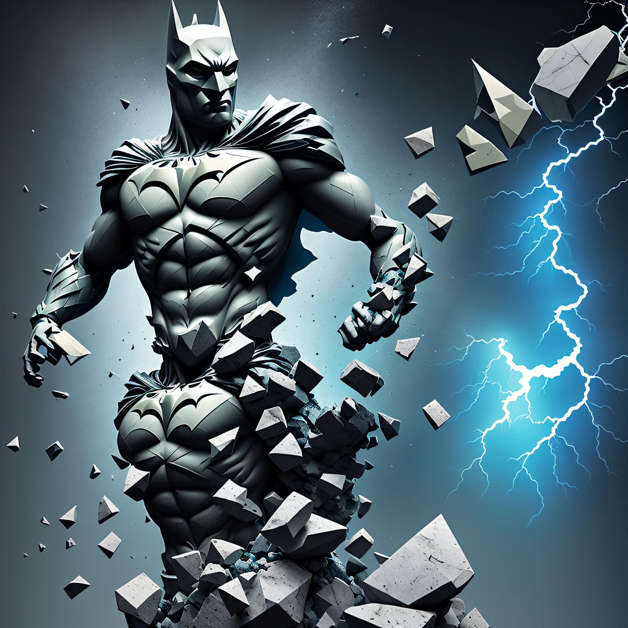 mdjrny-shttr, broken statue of batman made of (marble:1.1) with golden inlays with (blue lightnings:1.3) on background, floating stones from statue, hyper-realism, best quality hyper-realism, best quality