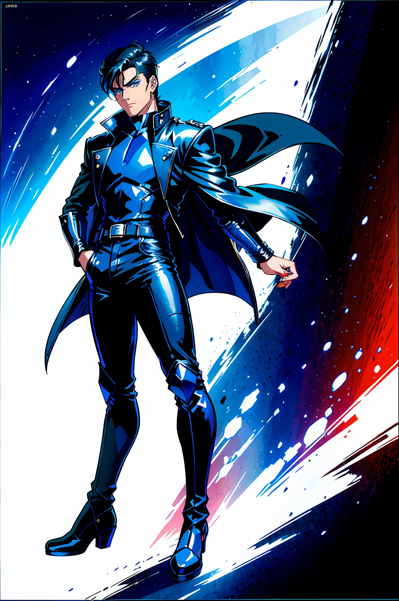 Garen blue eyes, black hair, leather outfit, dramatic pose, light noise of 90s anime