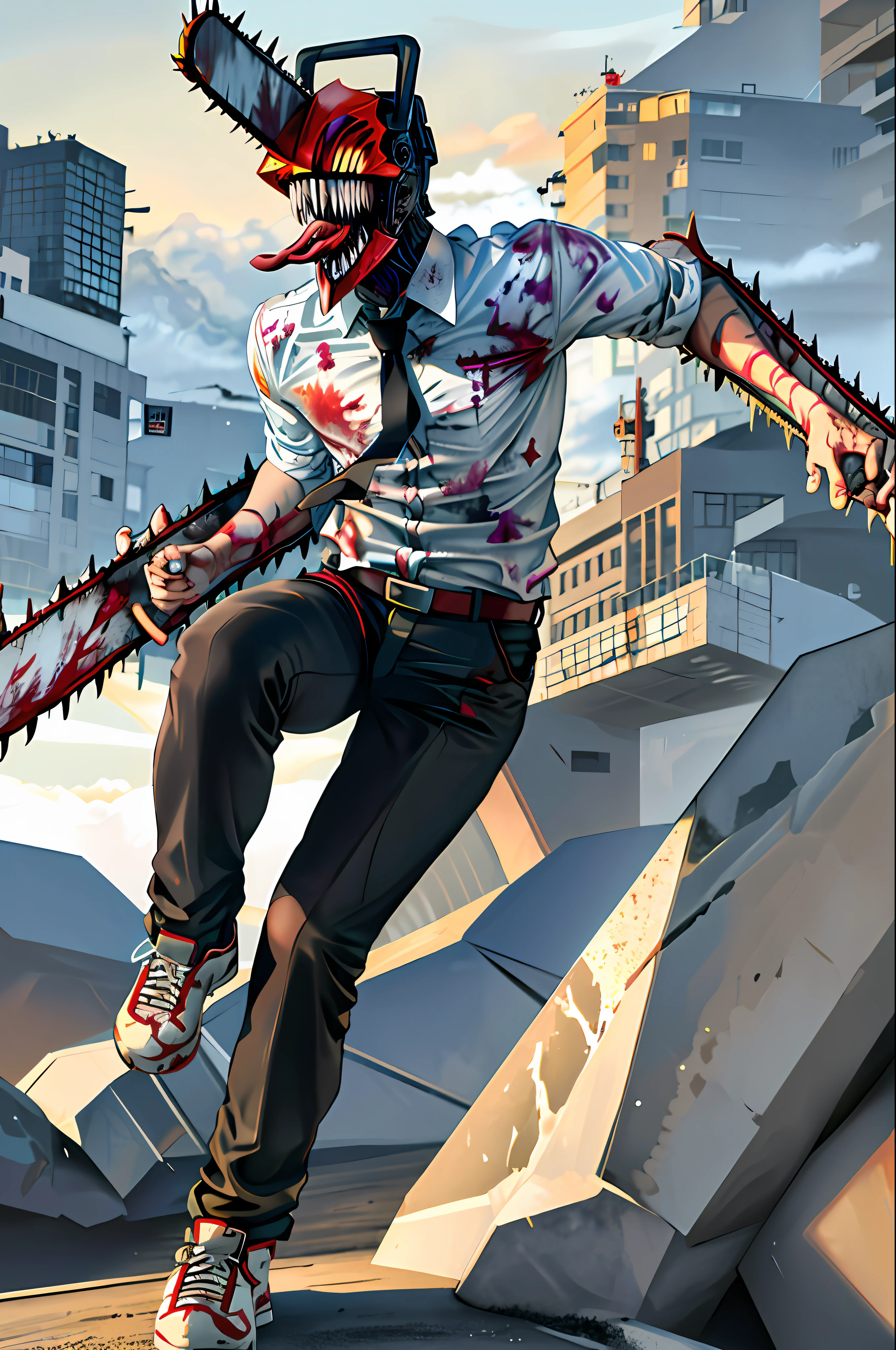 masterpiece, best quality, highres, monster boy, djb, sharp teeth, chainsaw, blood on clothes, blood on weapon, collared shirt, black pants, tongue out,