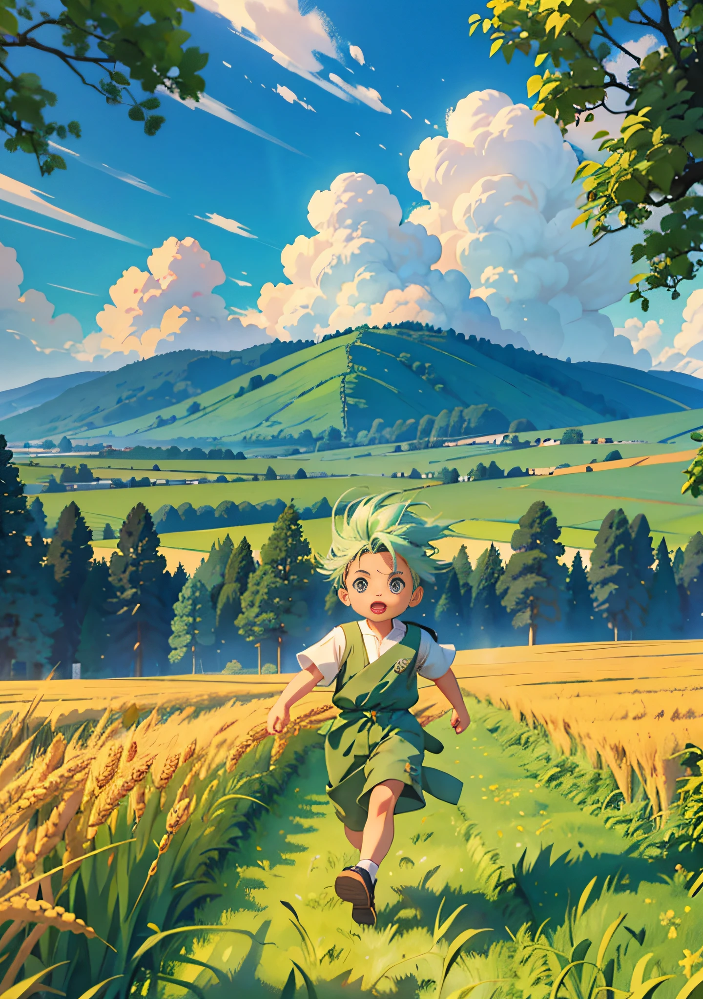 Cute ********** in wheat field, cartoon style 3 dende, short hair, green wheat field, running to the audience, green wheat all around, close to wheat, facing the audience, blue sky in the distance, soft colors, fine luster, OC rendering of the highest quality, 4K, super detailed