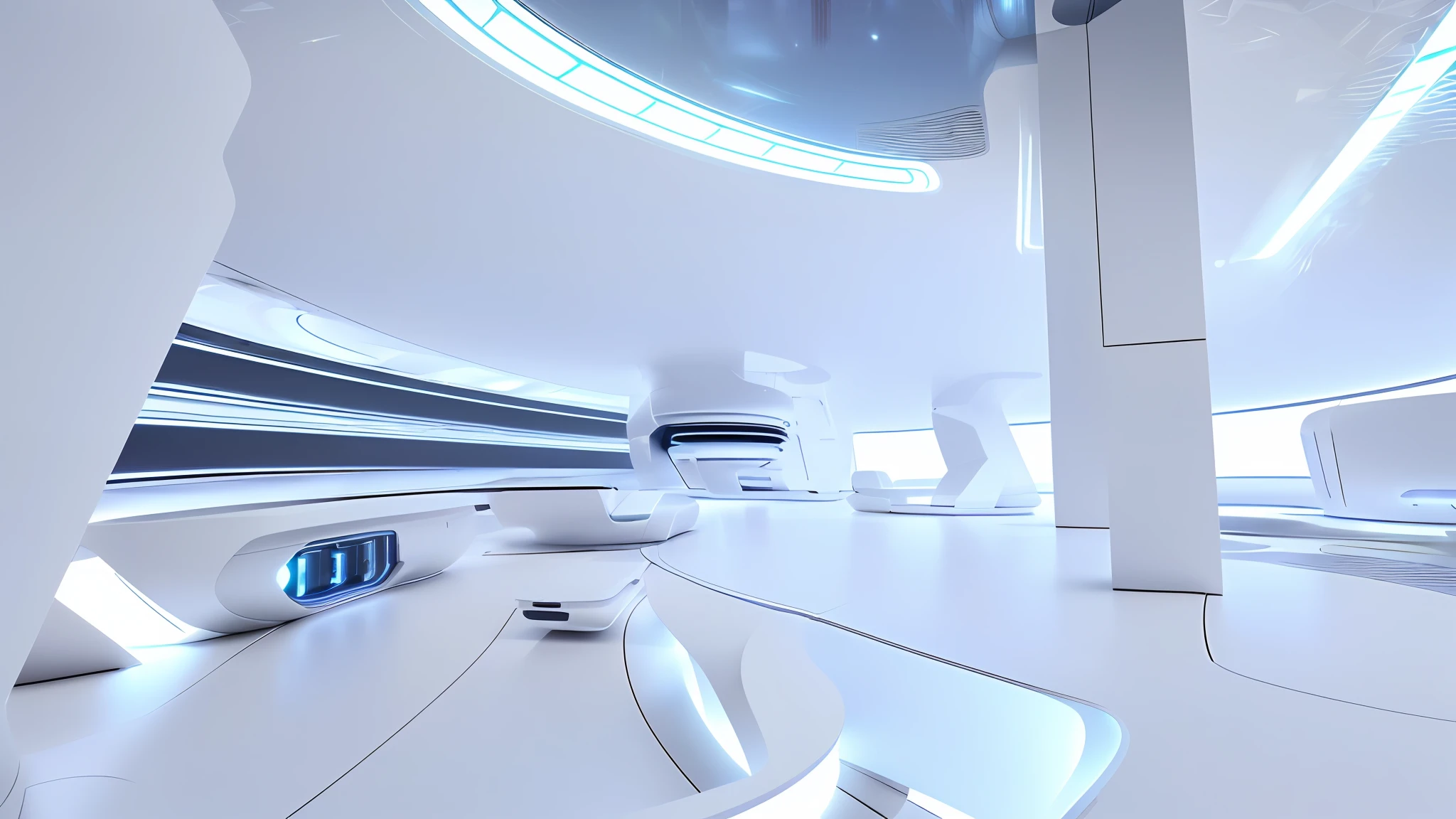 Building interior space, ((white)), (super wide angle), futuristic architecture with futuristic design and futuristic interior, futuristic spaceport, futuristic hall, futuristic government service hall, futuristic architectural concept, futuristic setting, futuristic decoration, futuristic utopian architecture, futuristic architectural art, futuristic production facilities, radical view, acsonometric view aspects, close-up, texture, (((Complex electronic component surface texture))), detail texture, HDR+, 8K, QHD, luminescence, dynamic lighting, Beautyfull refraction, ((high-key lighting, bright light)), in terms of design, the main color of this project is ceramic white, with dark and white lighting, the overall atmosphere is bright, with both ceramic warmth and modern technology, redshift renderer rendering, cinematic lighting effects