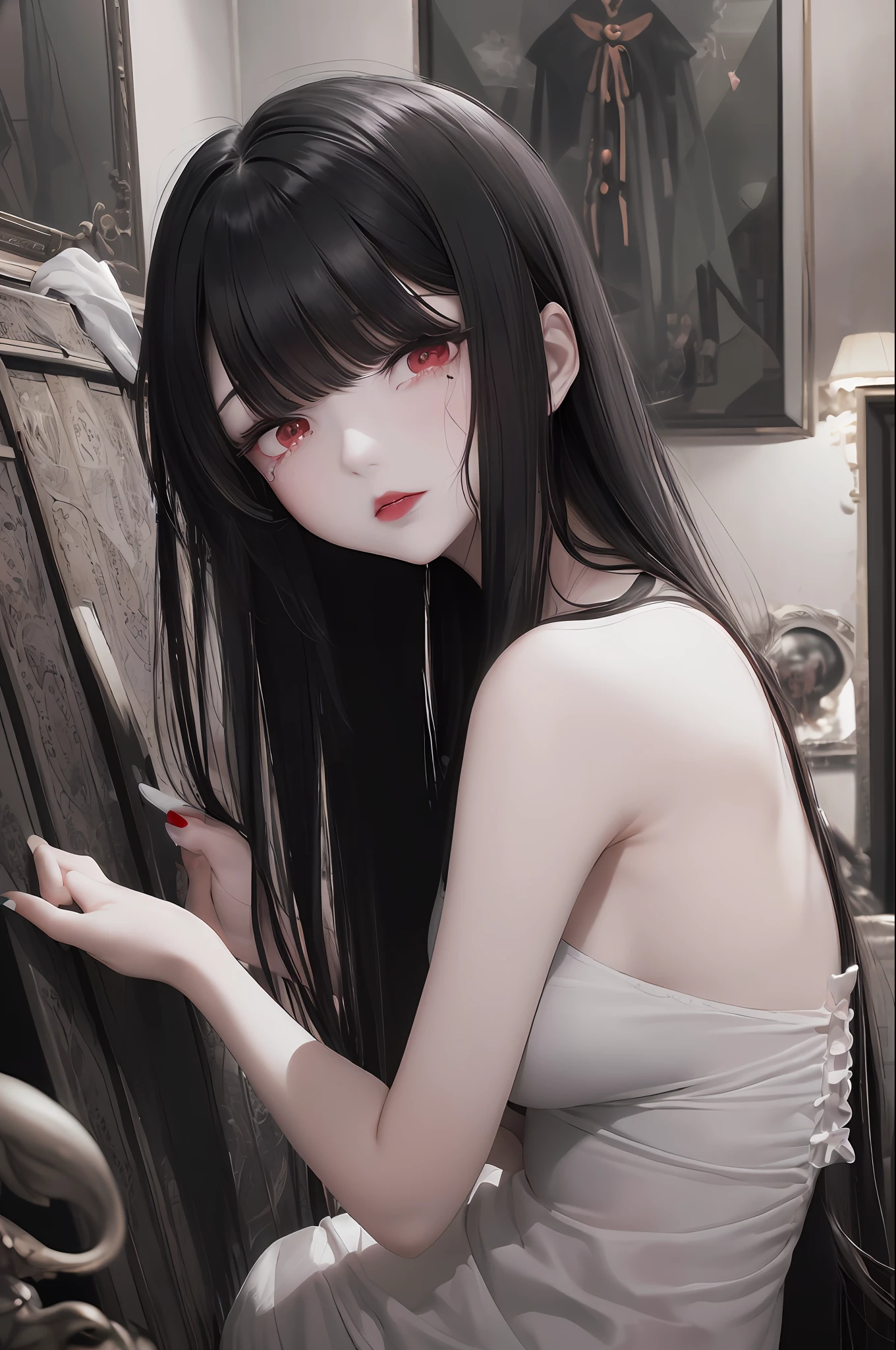 (very delicate and beautiful), (dark room in the background) grotesque, scary, long bangs, (very delicate and beautiful), (hidden by bangs and blind) (simple clothes), (dark) (full body) (red lipstick), (dynamic angle, portrait), (black hair), (black camisole), beautiful face (falling), white skin, depth of field, glowing lips, bright colors, ( Sleeping) (expressionless), (Manju Shahua in the background) (sad) (crying) ((Tired of crying))))