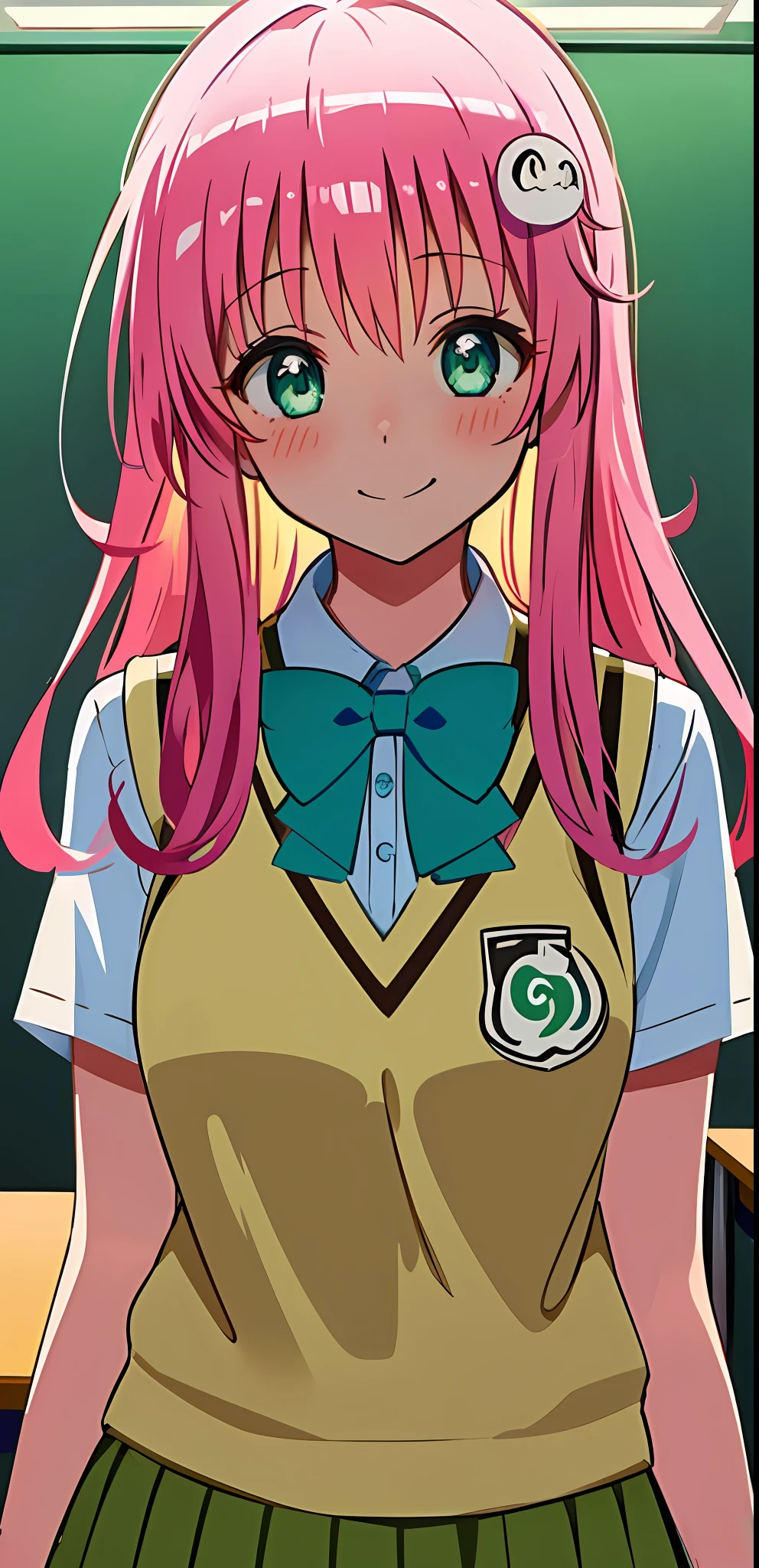 masterpiece, best quality, ultra-detailed, illustration, 1girl, (upper body:1.4), (looking at viewer:1.4), school uniform, looking at viewer, classroom, (blush:1.2), smile, , beautiful detailed eyes, beautiful detailed glow, lots of glow, lala satalin deviluke, green eyes, hair pin