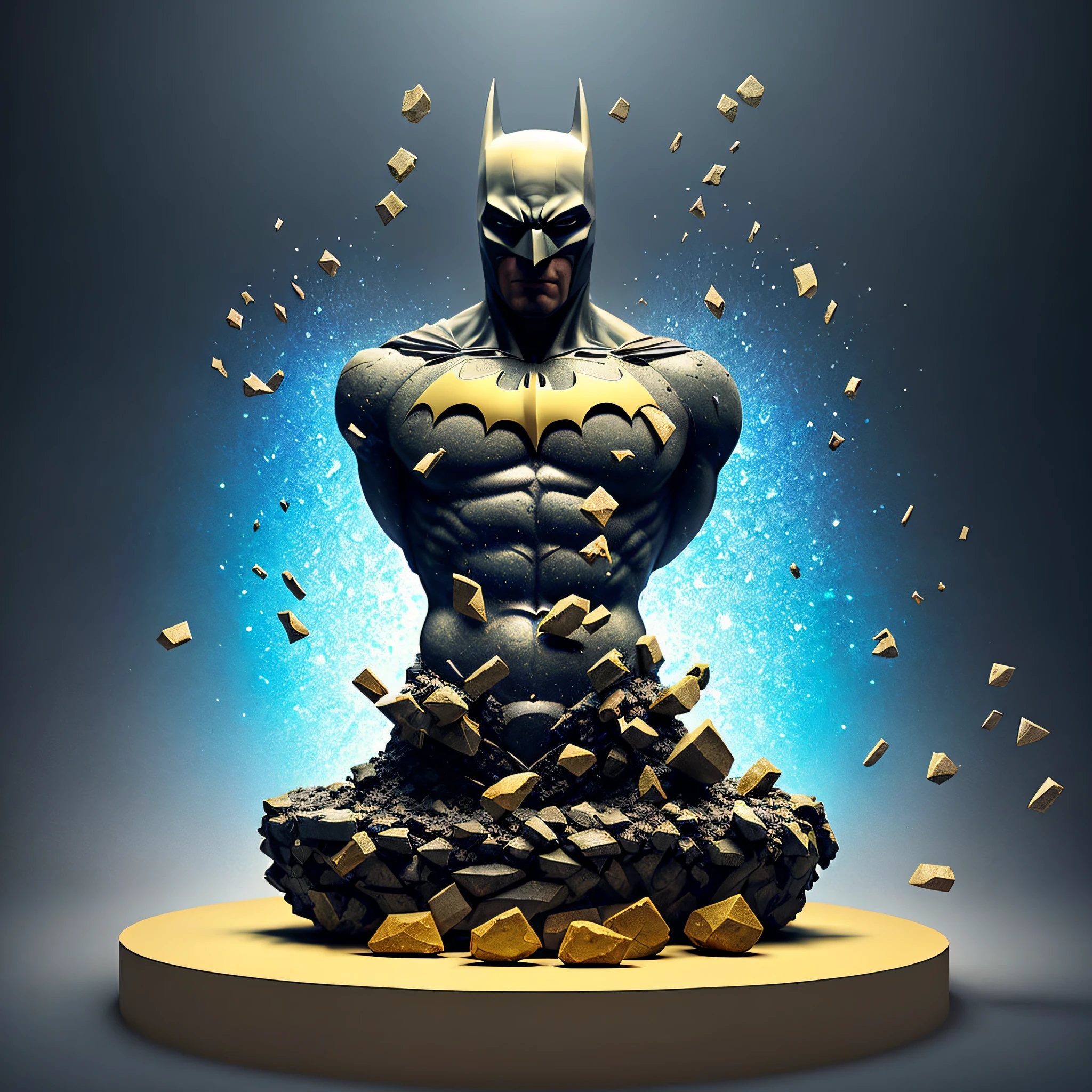 mdjrny-shttr, broken statue of batman made of (marble:1.1) with golden inlays with (blue lightnings:1.3) on background, floating stones from statue, hyper-realism, best quality hyper-realism, best quality