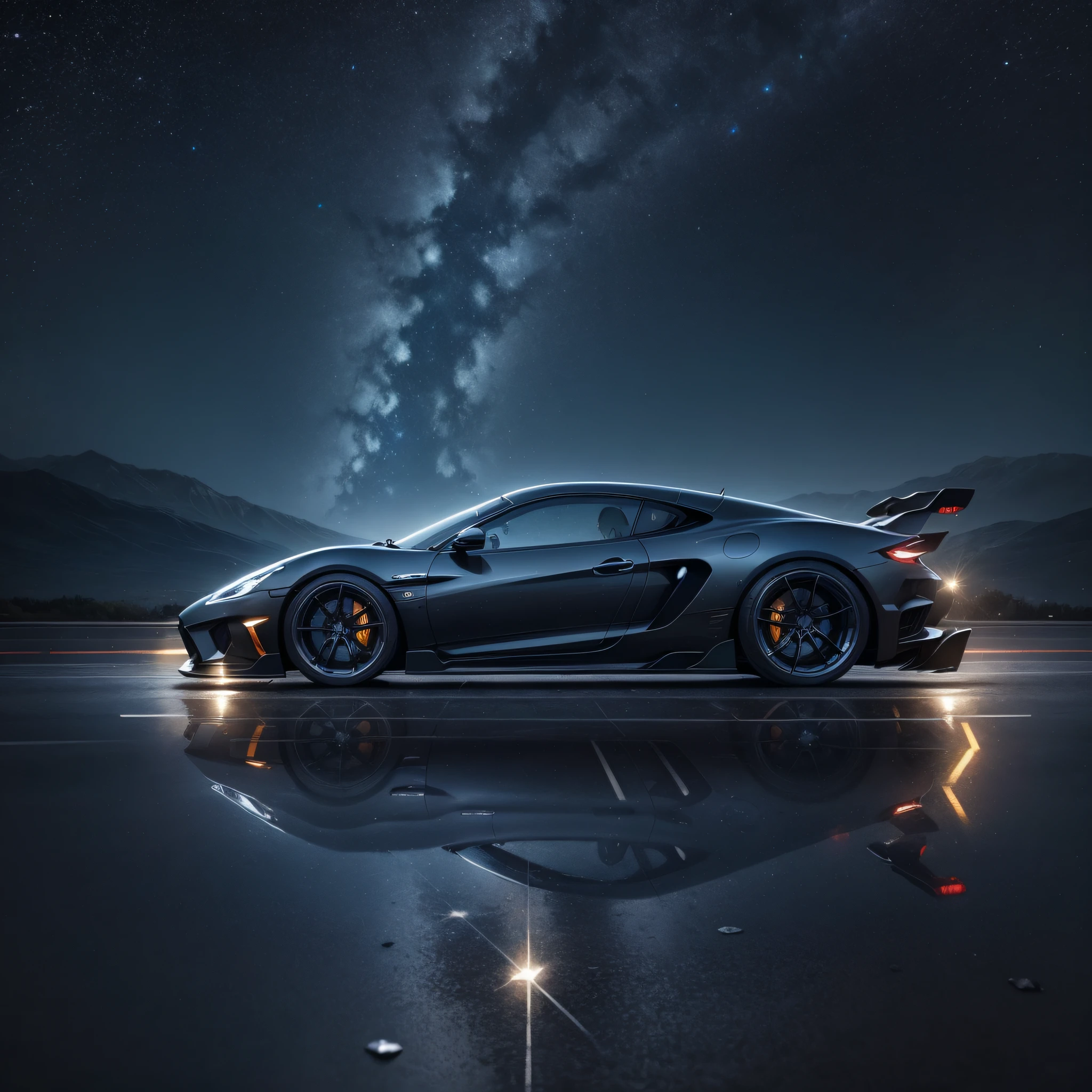 Detailed starry sky, sports car driving on rainy highway, no one, official art, best quality, body streamer, body reflective starry sky, obvious reflection, starry picture, starlight body, dreamy, black translucent