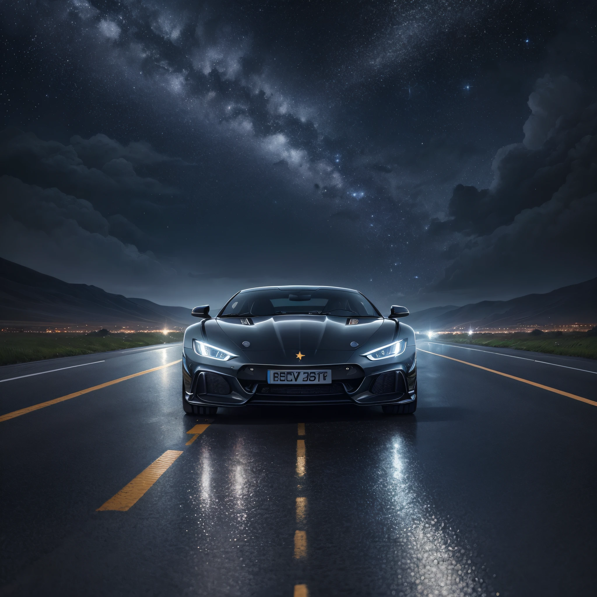 Detailed starry sky, sports car driving on rainy highway, no one, official art, best quality, body streamer, body reflective starry sky, obvious reflection, starry picture, starlight body, dreamy, black translucent