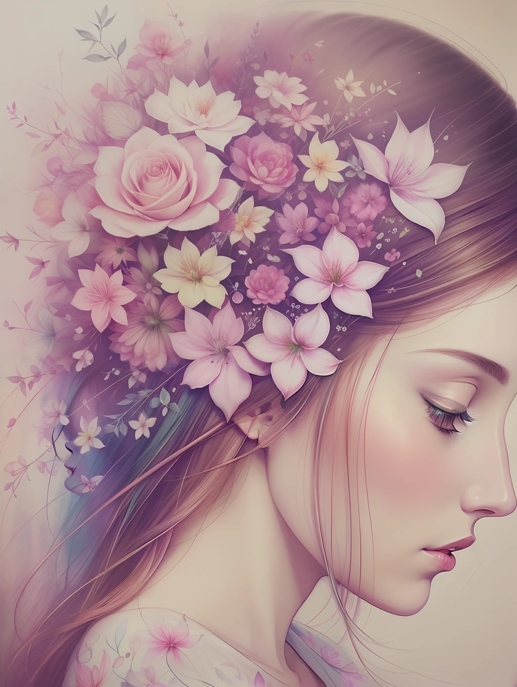 A botanical masterpiece in the style of Marco Mazzoni, detailed, hyper-realistic, elemets of symbolism and surrealism, a painting by mse a renaissance woman by agnes cecile, luminous design, pastel colours, ink drips, spring lights, intricate design, intertwined, beautiful renaissance woman, flowers, pastel