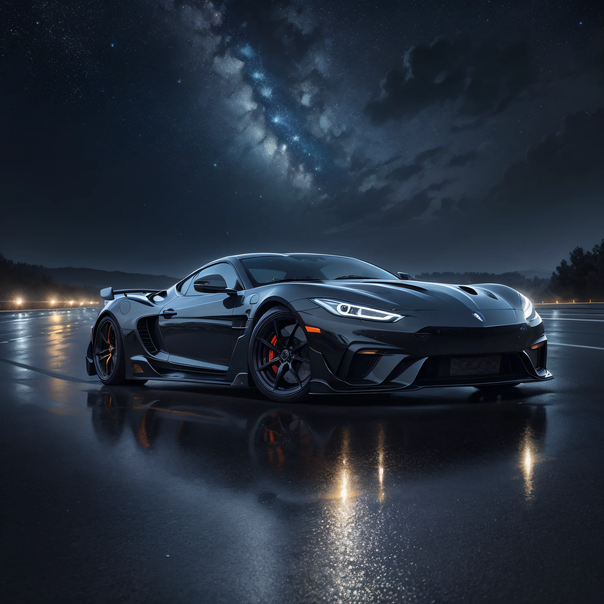 Detailed starry sky, sports car driving on rainy highway, no one, official art, best quality, body streamer, body reflective starry sky, obvious reflection, starry picture, starlight body, dreamy, black translucent