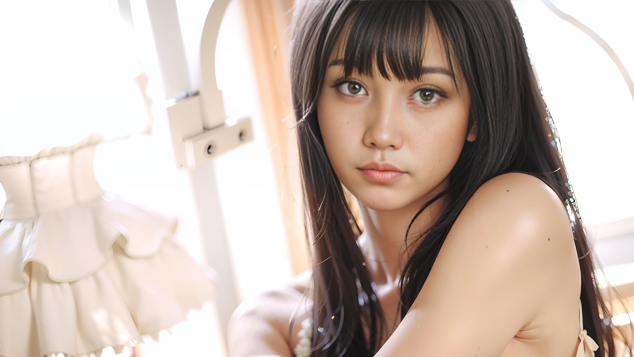 there is a woman that is posing for a picture in a white dress, realistic young gravure idol, 奈良美智, young pretty gravure idol, sui ishida with black hair, young gravure idol, young sensual gravure idol, kotegawa yui, chiho, young skinny gravure idol, yukii morita