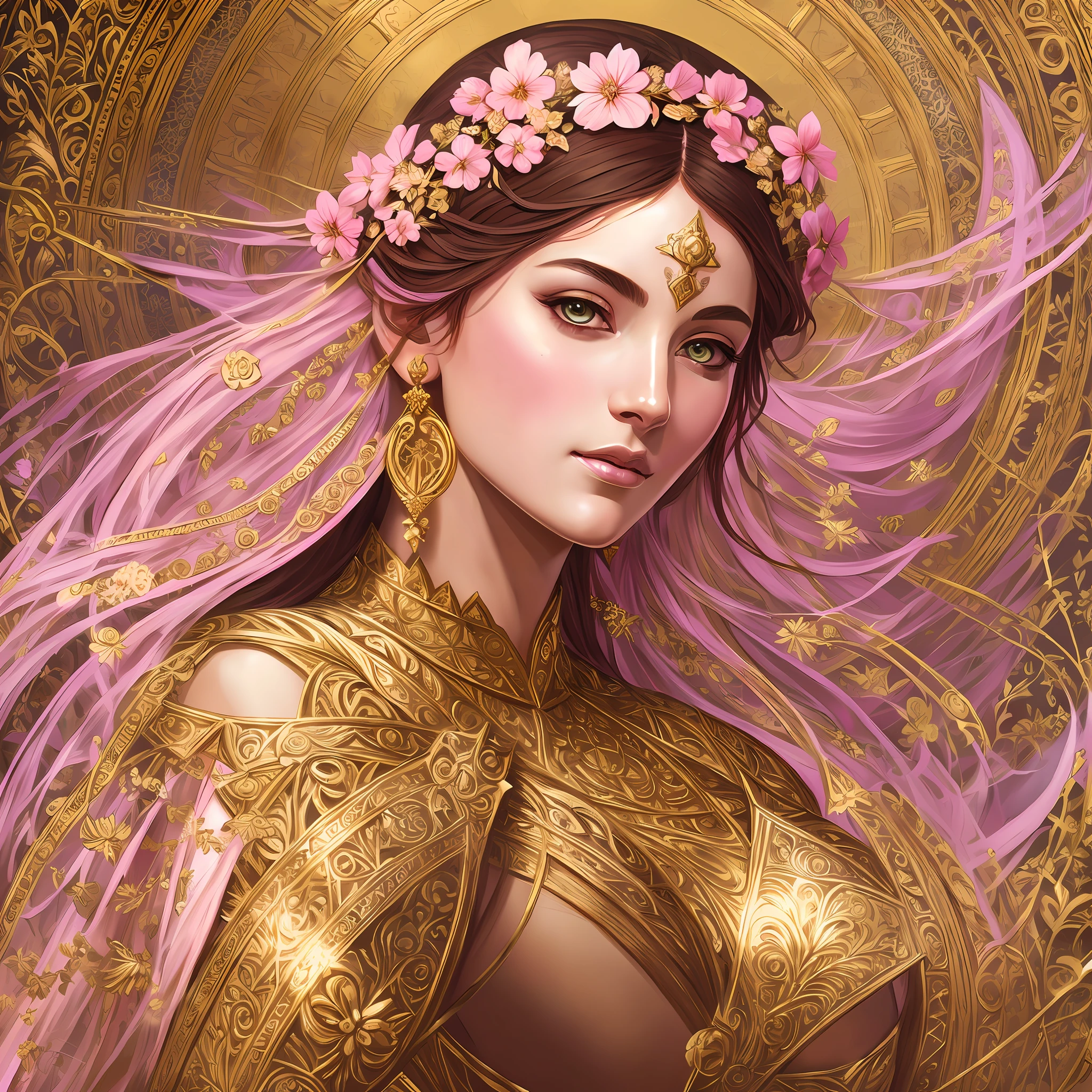(symmetry:1.1) (portrait of floral:1.05) a woman as a beautiful goddess, (assassins creed style:0.8), pink and gold and opal color scheme, beautiful intricate filegrid facepaint, intricate, elegant, highly detailed, digital painting, artstation, concept art, smooth, sharp focus, illustration, art by greg rutkowski and alphonse mucha, 8k --auto --s2