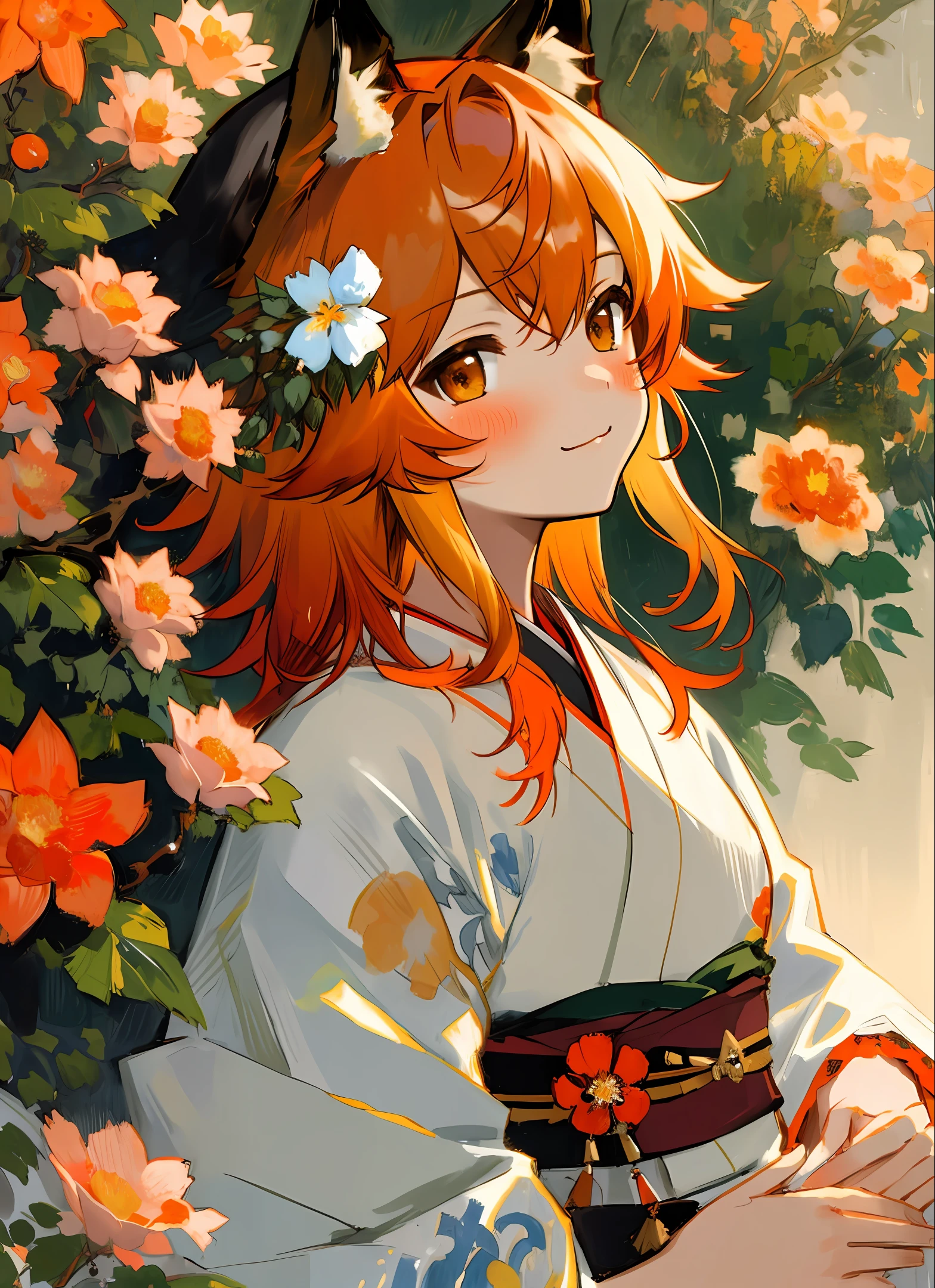 masterpiece, best quality, highly detailed, 1girl, solo, (:3:0.9), animal ear fluff, animal ears, orange hair, fluffy hair, blush, brown eyes, flower, fox ears, fox girl, gradient, gradient background, hair flower, hair ornament, japanese clothes, kimono, looking at viewer, miko, smile, solo, white kimono, beautiful lighting, (Lovis Corinth:1.3)