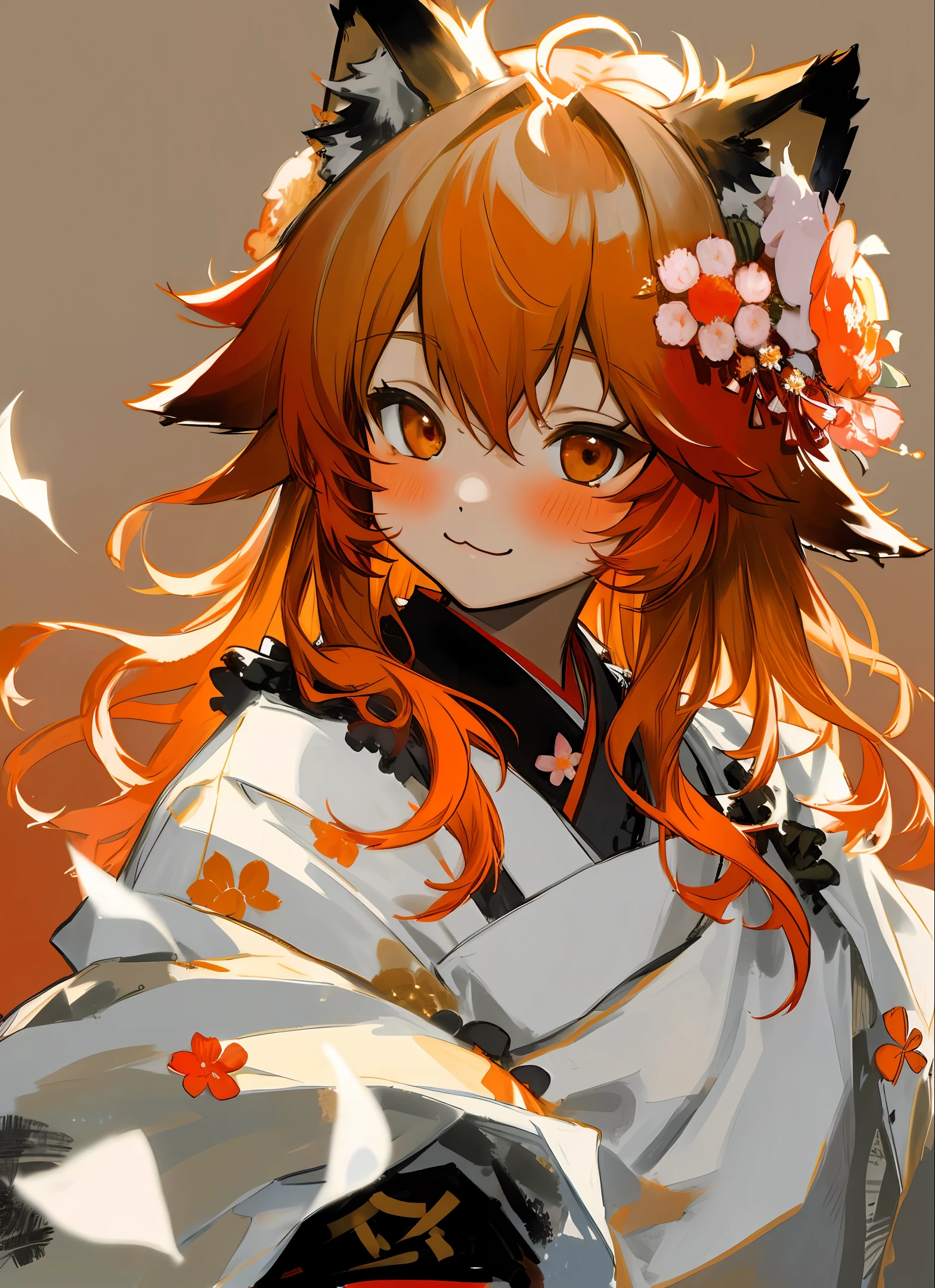 masterpiece, best quality, highly detailed, 1girl, solo, (:3:0.9), animal ear fluff, animal ears, orange hair, fluffy hair, blush, brown eyes, flower, fox ears, fox girl, gradient, gradient background, hair flower, hair ornament, japanese clothes, kimono, looking at viewer, miko, smile, solo, white kimono, beautiful lighting, (Lovis Corinth:1.3)