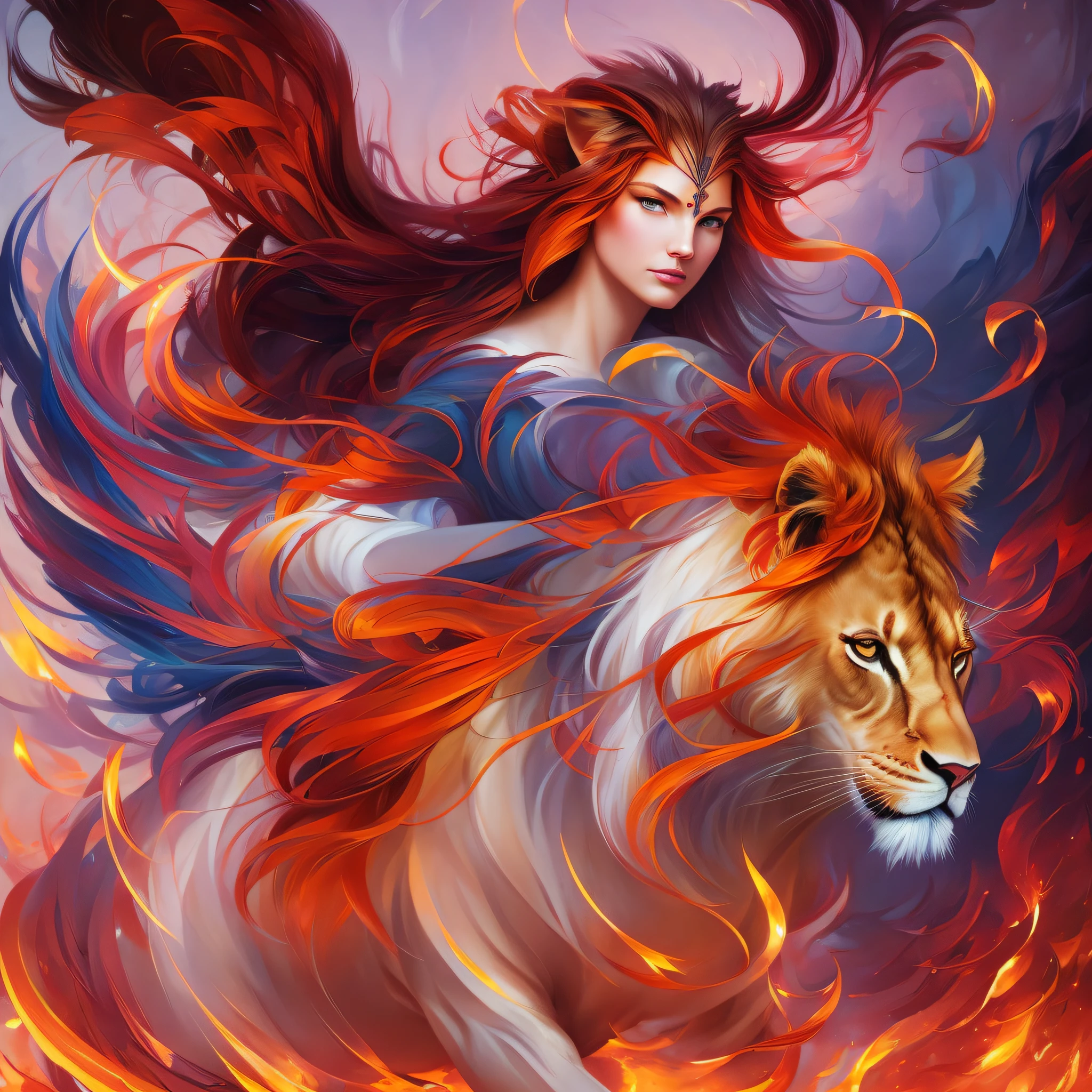 create In the style of Boris Vallejo and Julia Bell. a beautiful woman riding a majestic lion. She wears a flowing red dress and has long, black hair. In one hand, she holds a flag displaying The Shock Coat of Arms. Behind them, a grand castle rises, adorned with towering turrets. The scene is illuminated by a soft, ethereal light, creating a captivating and mythical ambiance., Digital Painting, Yanjun Cheng, Anna Dittmann, Beautiful, Vibrant, Digital Painting, Digital Illustration, Extreme Detail, Digital Art, 4k, Ultra Hd - --auto --s2