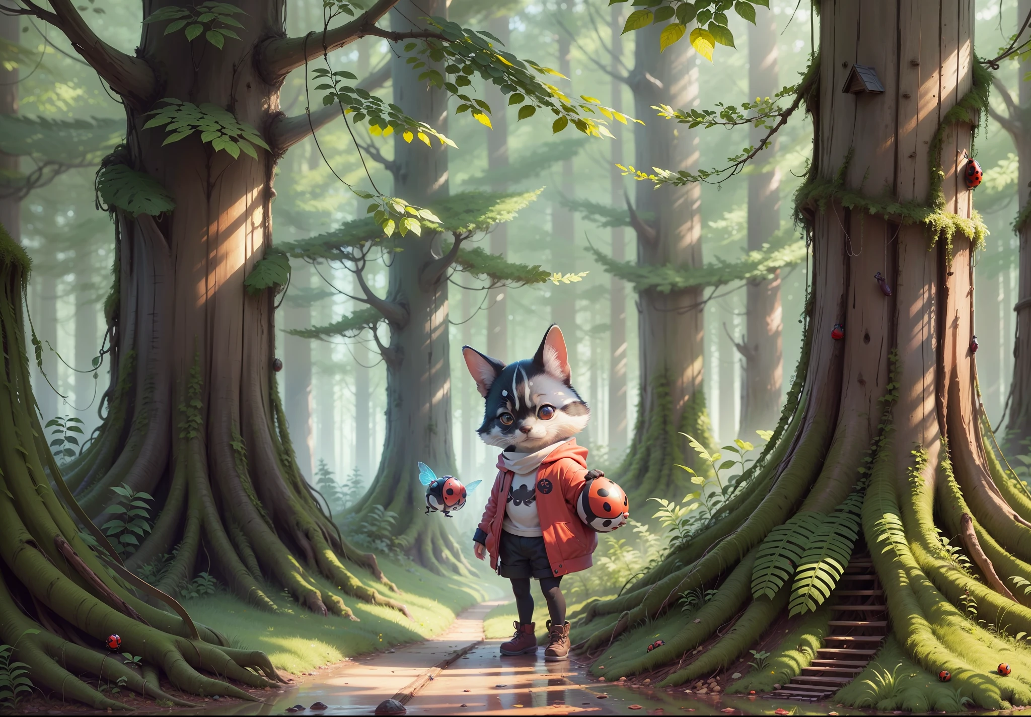 Create a children's story cover with a ladybug in the forest with a very childish face, best quality, masterpiece, high resolution, illustration, CG, wallpaper, highly detailed, extremely detailed, detailed background, detailed people, detailed body, detailed hands, detailed digits --auto --s2