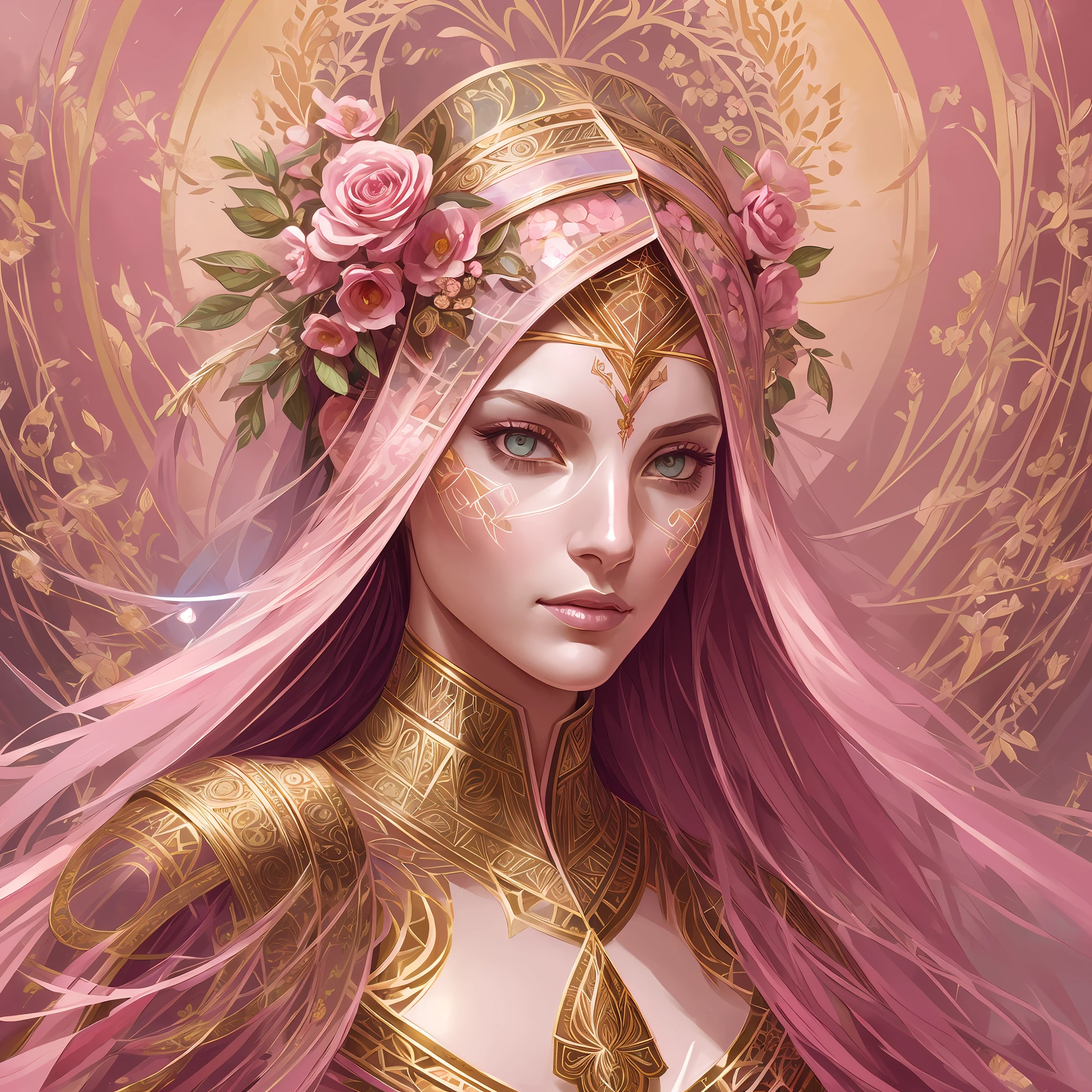 (symmetry:1.1) (portrait of floral:1.05) a woman as a beautiful goddess, (assassins creed style:0.8), pink and gold and opal color scheme, beautiful intricate filegrid facepaint, intricate, elegant, highly detailed, digital painting, artstation, concept art, smooth, sharp focus, illustration, art by greg rutkowski and alphonse mucha, 8k