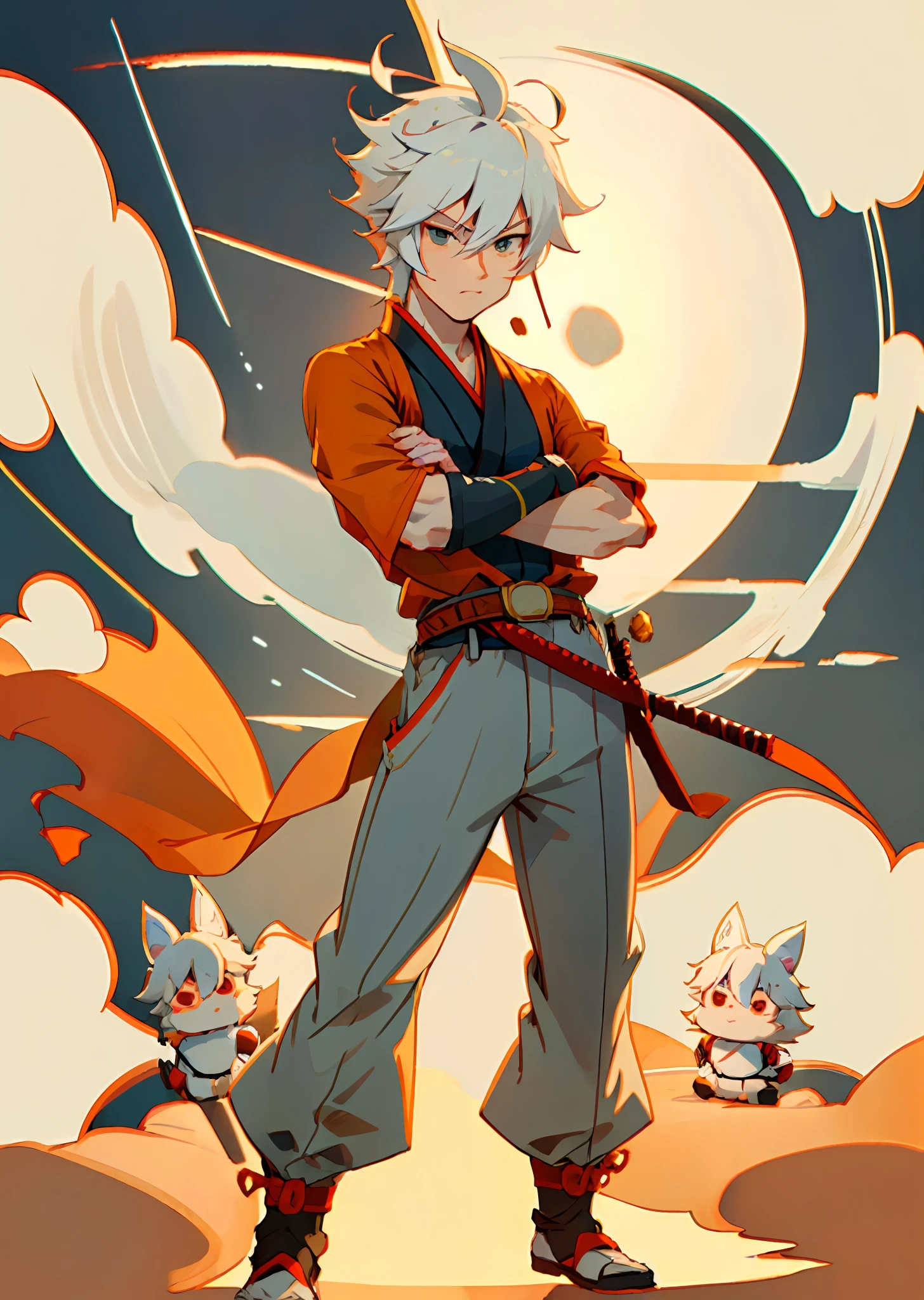 male character,with a katana on his belt, is a white-haired deity with an orange strand,fox ears,handsome guy, art, anime style, Japanese boy, young anime man, night sky, maple park, lake,