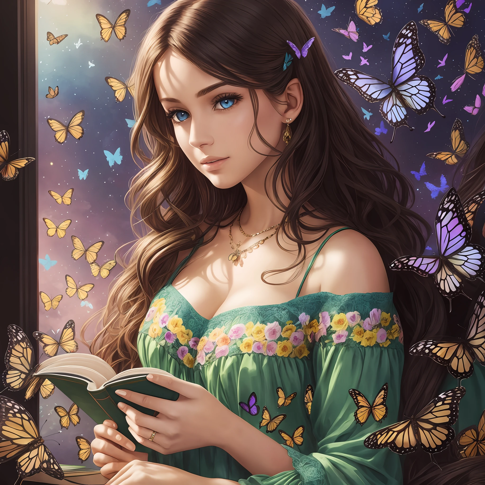 REALISTIC, PHOTOREALIST, a BLONDE woman with not very curly hair surrounded by butterflies of color (Night Shadz) and only of this color, with the image showing her on the side, with the girl reading a book with her eyes shining --auto --s2