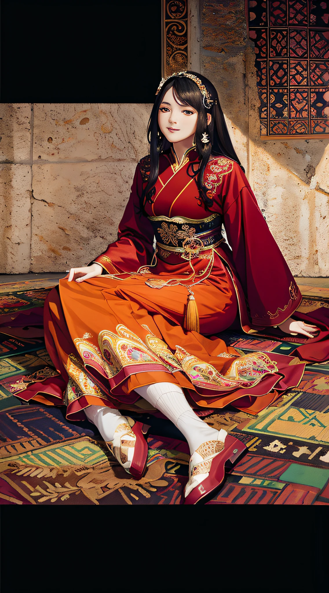 (Masterpiece, Top Quality, Best Quality, Official Art, Beauty and Aesthetics: 1.2), (1girl: 1.2), Very Detailed, (Fractal Art: 1.2), Colorful, Most Detailed, (Zentangle: 1.2), (Dynamic Pose), (Abstract Background: 1.5), (Traditional Costume: 1.2), (Shiny Skin), (Multiple Colors: 1.4), Half-body, Arapei woman in red dress sitting on the ground, palace, girl in Hanfu, Chinese princess , dressed in gorgeous clothes