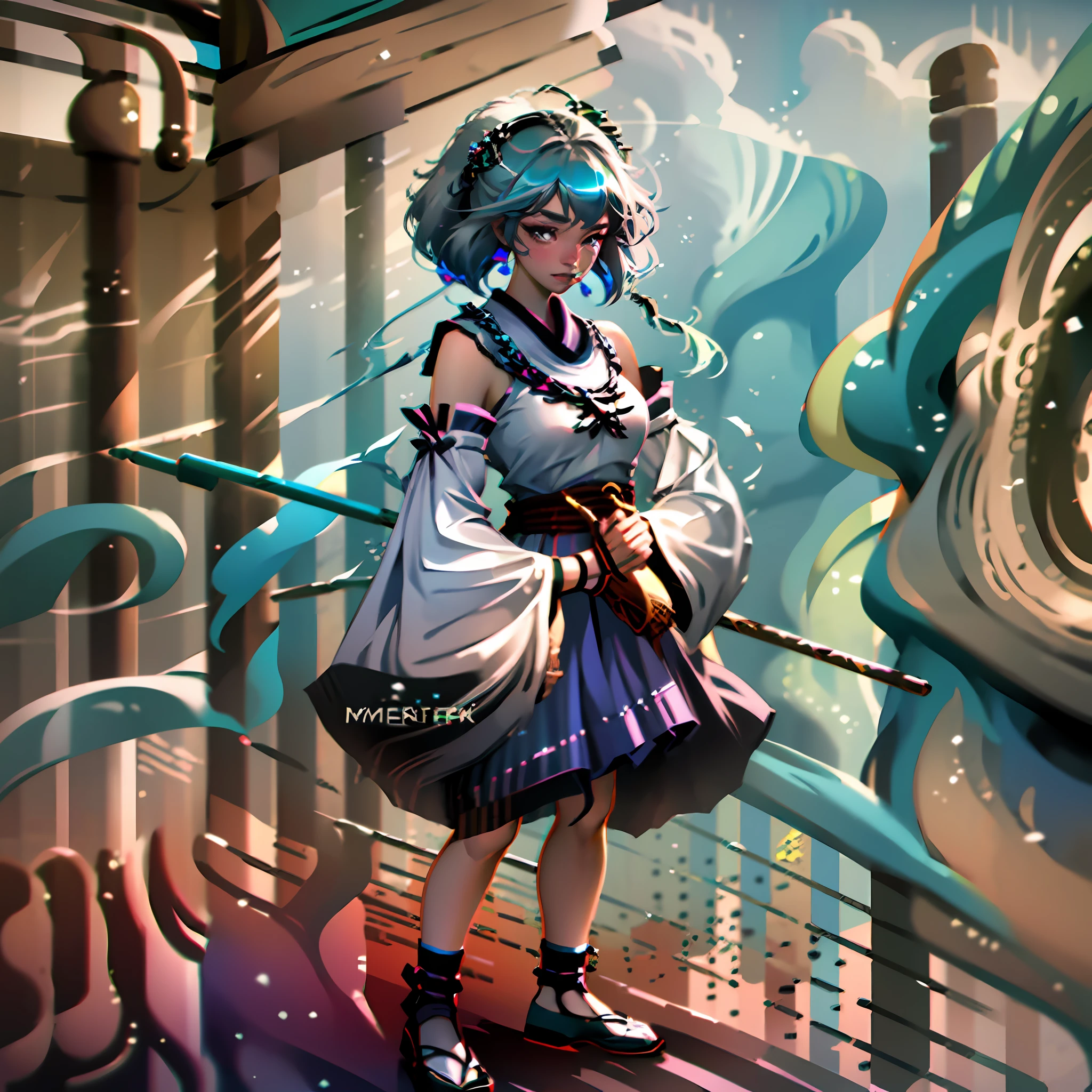 **1girl, mononobe on the futo, solo, hat, boat, chibi, boat, green ribbon, gray hair, smile, ribbon trim, skirt, ribbon, sleeves trimmed with ribbon, Japanese clothes, horse, blue headwear, kariginu, wide sleeves, full body, long sleeves, tate eboshi, closed mouth, sleeves passed wrists, water, sleeves passed fingers, looking at the viewer, pom pom (clothes), long hair, black shoes, fringe, waves, cloud, standing, blue skirt, black eyes, blush, sky** - Upscaling by --auto --s2
