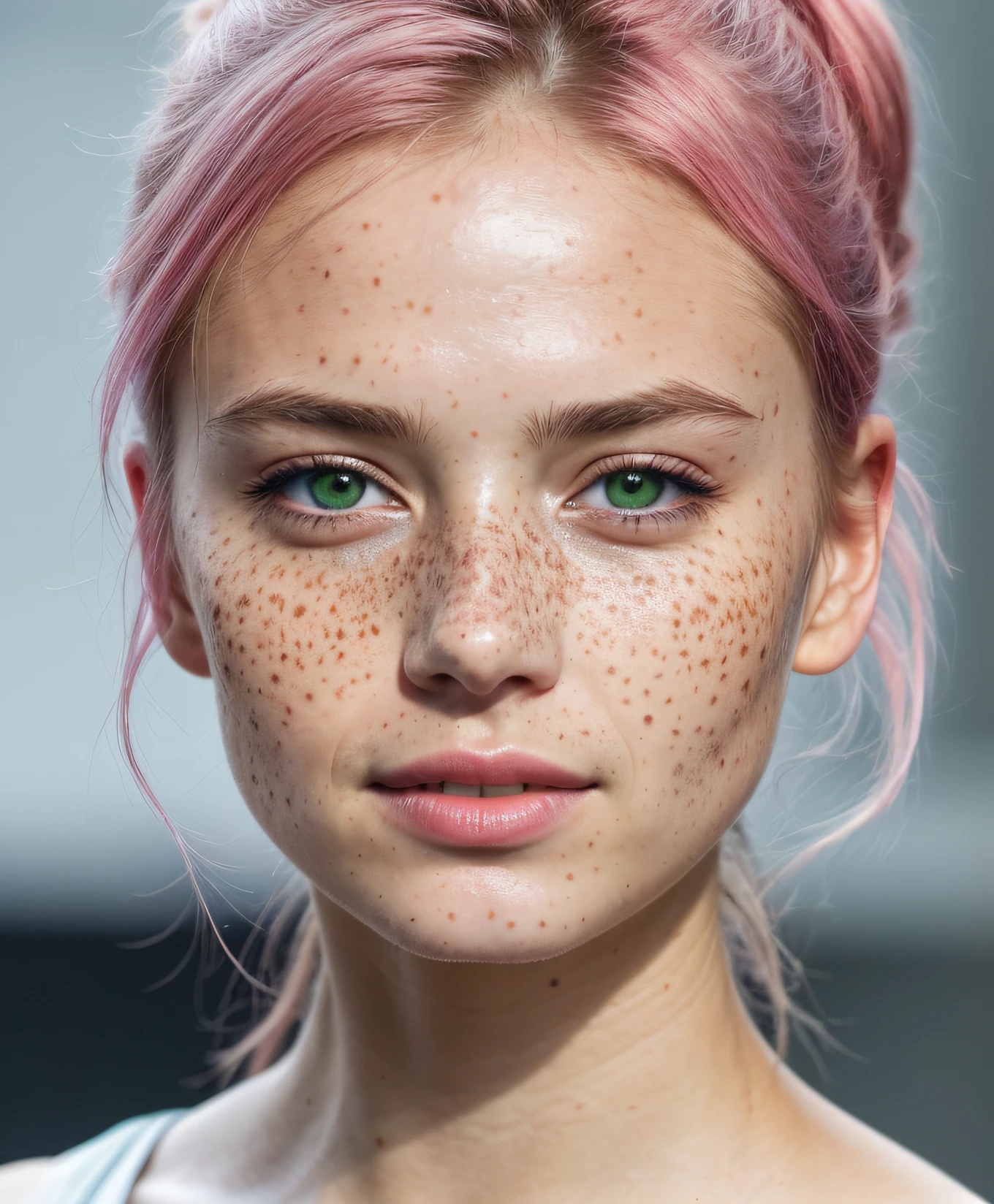 (RAW photo) night scene, close-up photo of a sexy girl, posing, looking at the viewer, smiling, pink hair in a ponytail, (green eyes: 0.8), handsome young face, 18 yo, soft volumetric lights, soft key and fill lighting, (backlit: 1.3), (cinematic: 1.3), intricate details, (ArtStation: 1.2), skin spots, (freckles: 0.9), detailed eyes,  micro details, FUJI XT3, photorealistic, photorealism