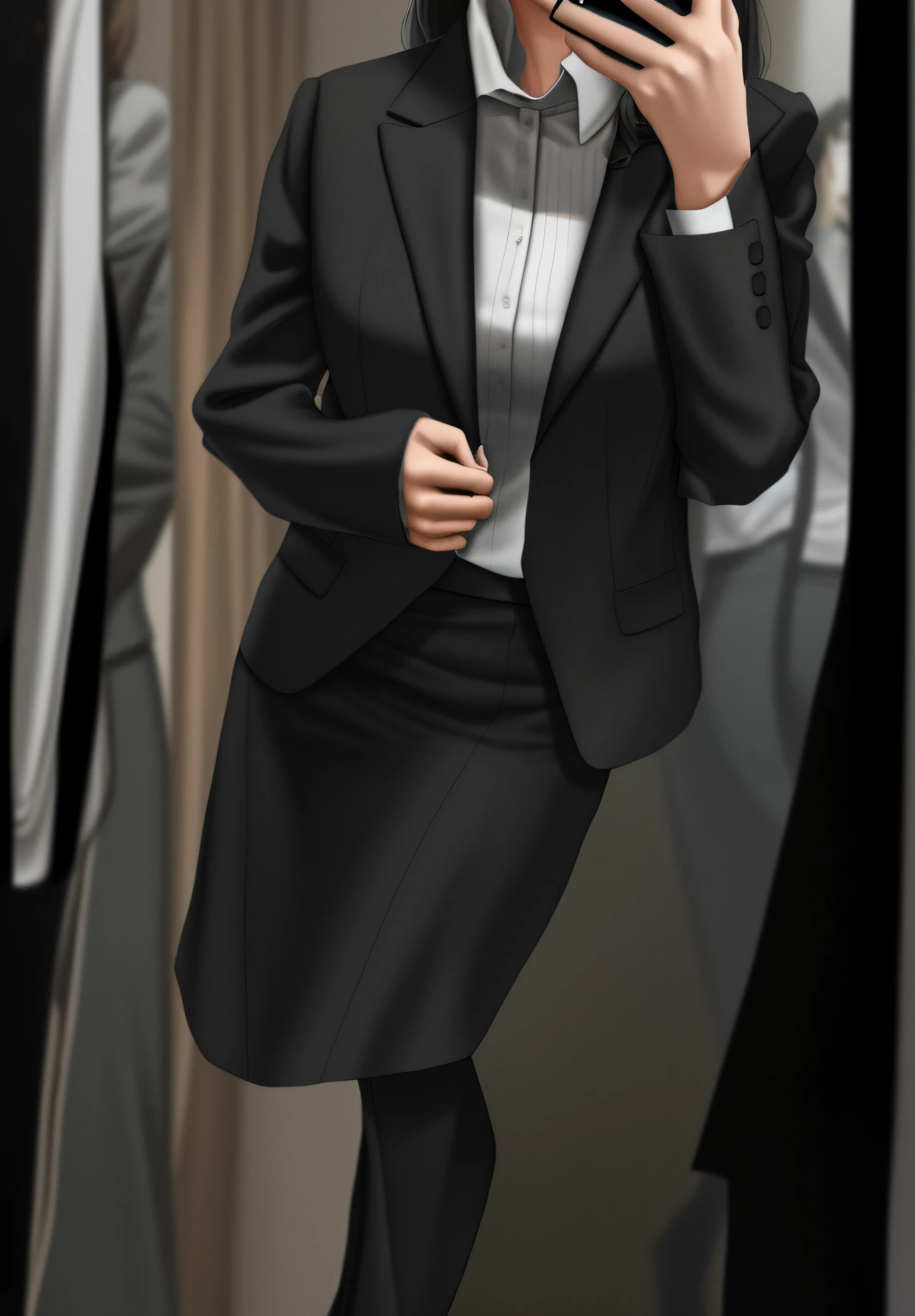 Woman in black suit taking selfie in front of mirror, girl in suit, girl in suit, business suit, office clothes, business suit, fashion suit, jacket and skirt, business clothes, business clothes, black business suit, strict business suit, In job hunting fashion, like a female college student,