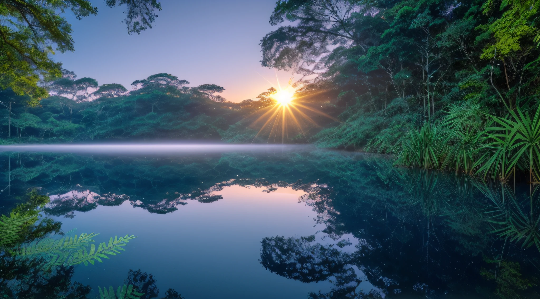 Sunrise seen over a rock in the Amazon rainforest in Brazil, clear and deep lake with very tall trees and dense forest, reflected in its waters, birds flying in flocks enjoying the sunrise, blue sky, ferns, bush, with few clouds, dawn beautiful, wonderful, cinematic 8k, hyperreality blue and green reflections in various shades, trees touching the edge of the lake, diffuse (ultra-thin glass reflection) and realism