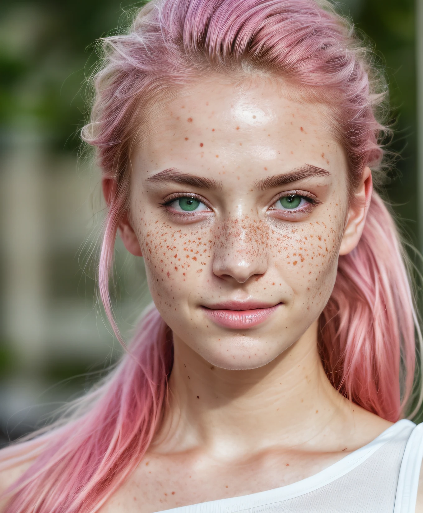 (RAW photo) night scene, close-up photo of a sexy girl, posing, looking at the viewer, smiling, pink hair in a ponytail, (green eyes: 0.8), handsome young face, 18 yo, soft volumetric lights, soft key and fill lighting, (backlit: 1.3), (cinematic: 1.3), intricate details, (ArtStation: 1.2), skin spots, (freckles: 0.9), detailed eyes,  micro details, FUJI XT3, photorealistic, photorealism