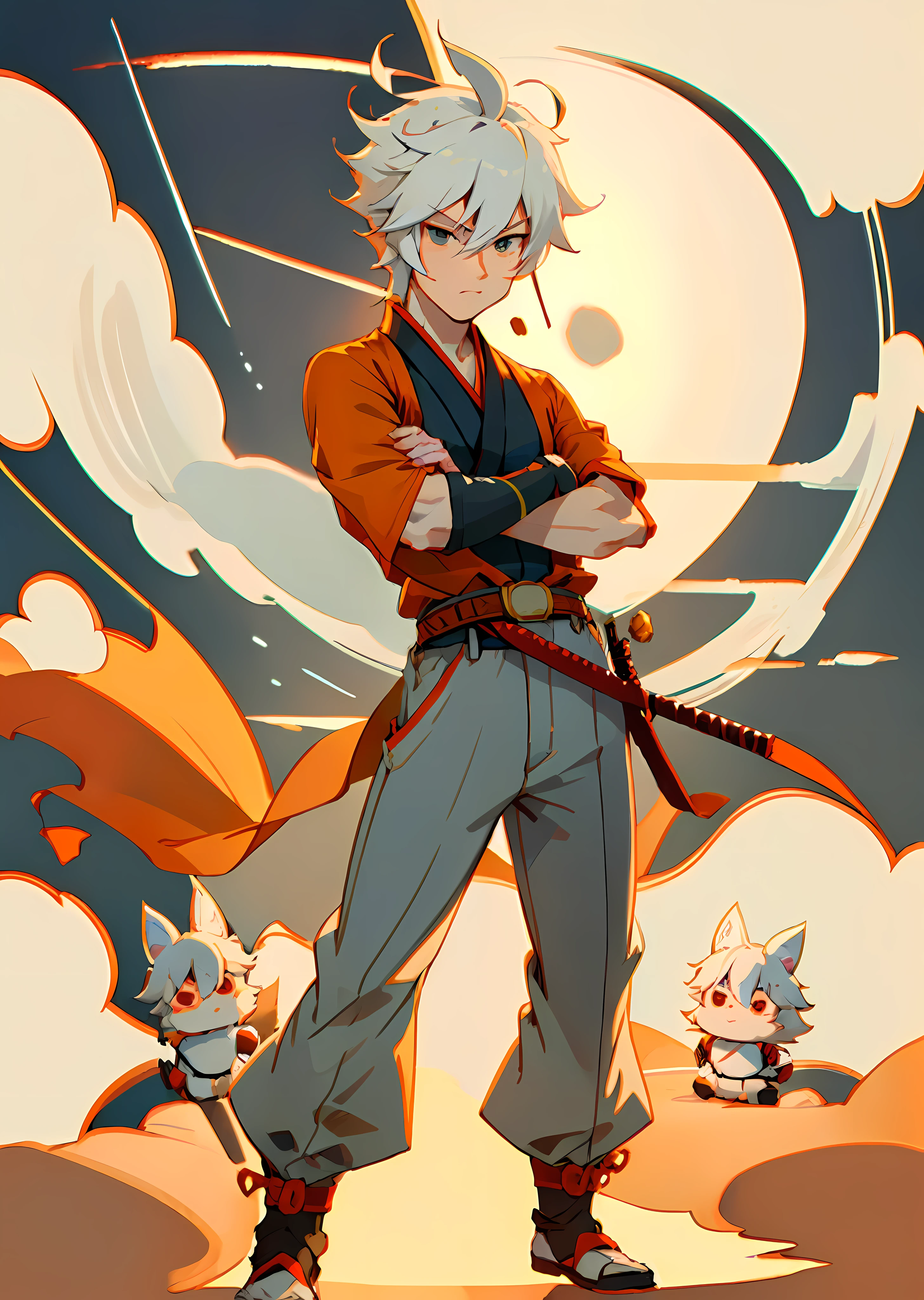 male character,with a katana on his belt, is a white-haired deity with an orange strand,fox ears,handsome guy, art, anime style, Japanese boy, young anime man, night sky, maple park, lake,