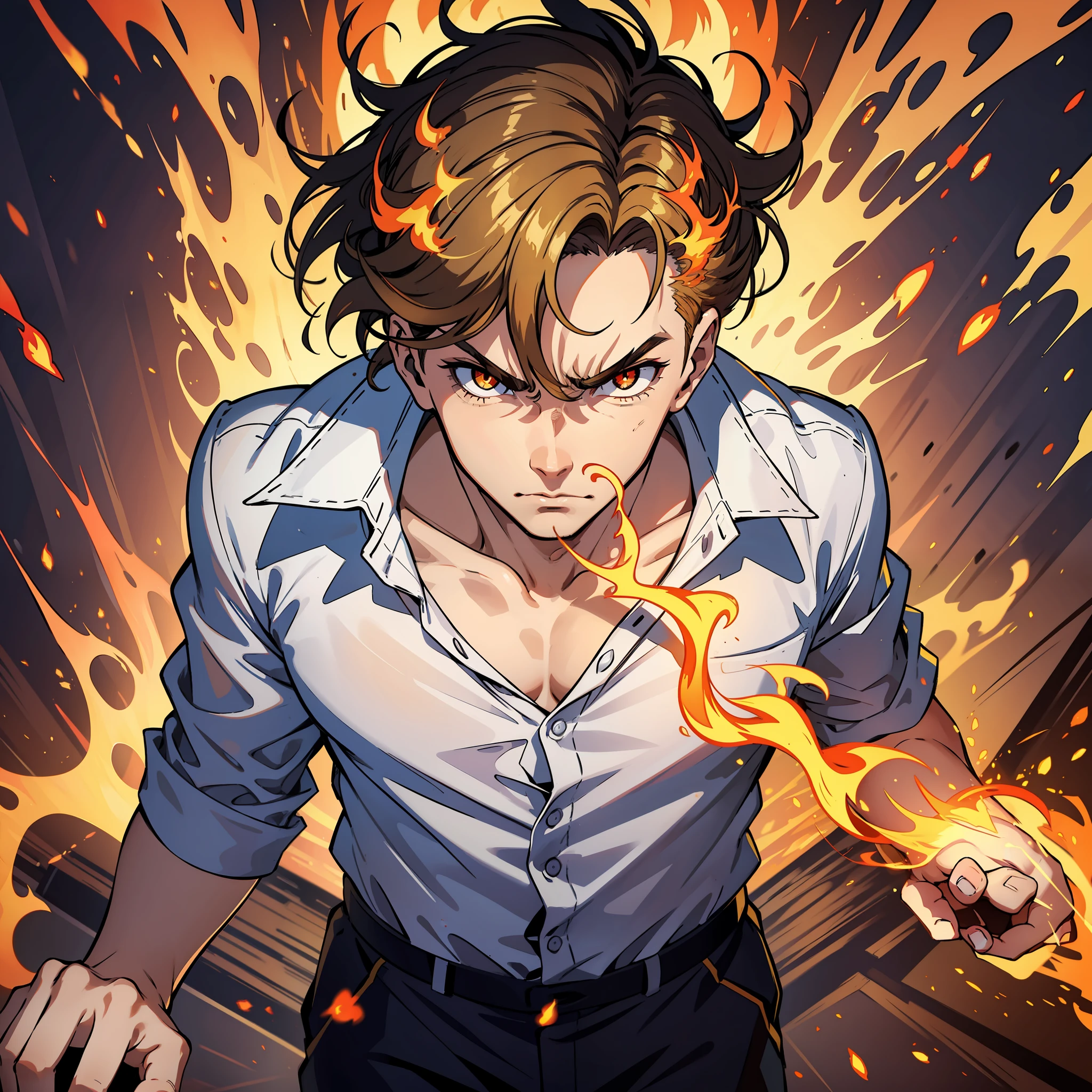 1 Man, Handsome, White Shirt, Angry, Brunette Hair, Blonde Pupils, Eyes Bursting with Fire, Surrounded by Flames, Full Body: 1.2, Surrealism