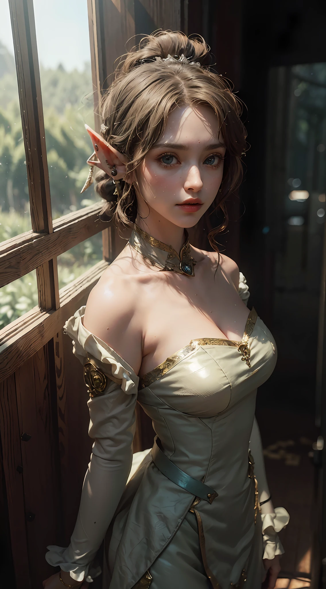 ((Best Quality)), ((Masterpiece)), (Detail: 1.4), 3D, A Beautiful Antique Woman, (((Elf Ear: 1.9)))) HDR (High Dynamic Range), Ray Tracing, NVIDIA RTX, Super-Resolution, Unreal 5, Subsurface Scattering, PBR Textures, Post-processing, Anisotropic Filtering, Depth of Field, Maximum Sharpness and Sharpness, Multi-layer Textures, Albedo and Highlight Maps, Surface Shading, Accurate simulation of light-material interactions, perfect proportions, Octane Render, two-color light, large aperture, low ISO, white balance, rule of thirds, 8K RAW,