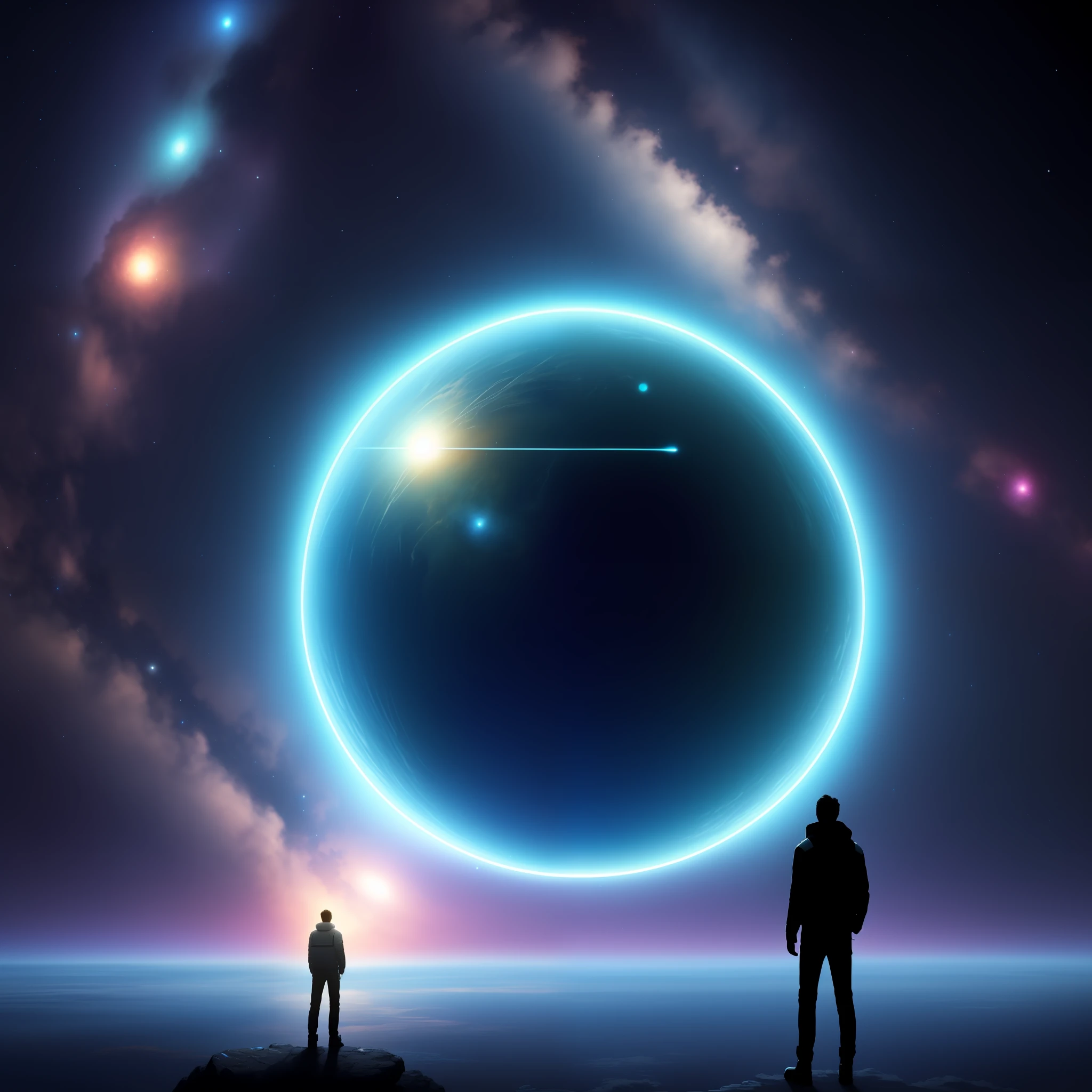 arafed image of a man standing in front of a large space with a bright light, 8k stunning artwork, sci-fi digital art illustration, amazing wallpaper, concept art wallpaper 4k, 4k highly detailed digital art, portal to outer space, 8k hd wallpaper digital art, beeple artwork, looking out into the cosmos, beeple masterpiece