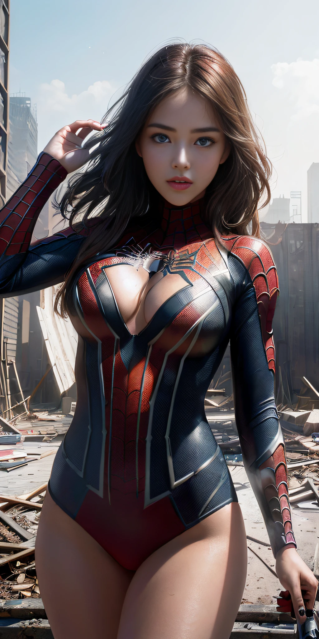 (1girl:1.3), solo, (((extremely detailed face))),(((extremely detailed eyes and face))),beautiful detailed eyes,body-parts__, official art, unified 8k wallpaper, super detailed, beautiful and aesthetic, beautiful, masterpiece, best quality, raw, masterpiece, super fine photo, best quality, super high resolution, photorealistic realism, sunlight, full body portrait, amazing beauty,, dynamic pose, delicate face, vibrant eyes, (from the front), she is wearing a Spider-man suit, red and black color scheme, spider, very detailed abandoned warehouse background, Detailed face, detailed complex busy background, messy, gorgeous, milky white, highly detailed skin, realistic skin details, visible pores, sharp focus, volumetric fog, 8k uhd, DSLR, high quality, film grain, fair skin, photo realism, lomography, huge metropolis in future dystopia, seen from below, translucent
