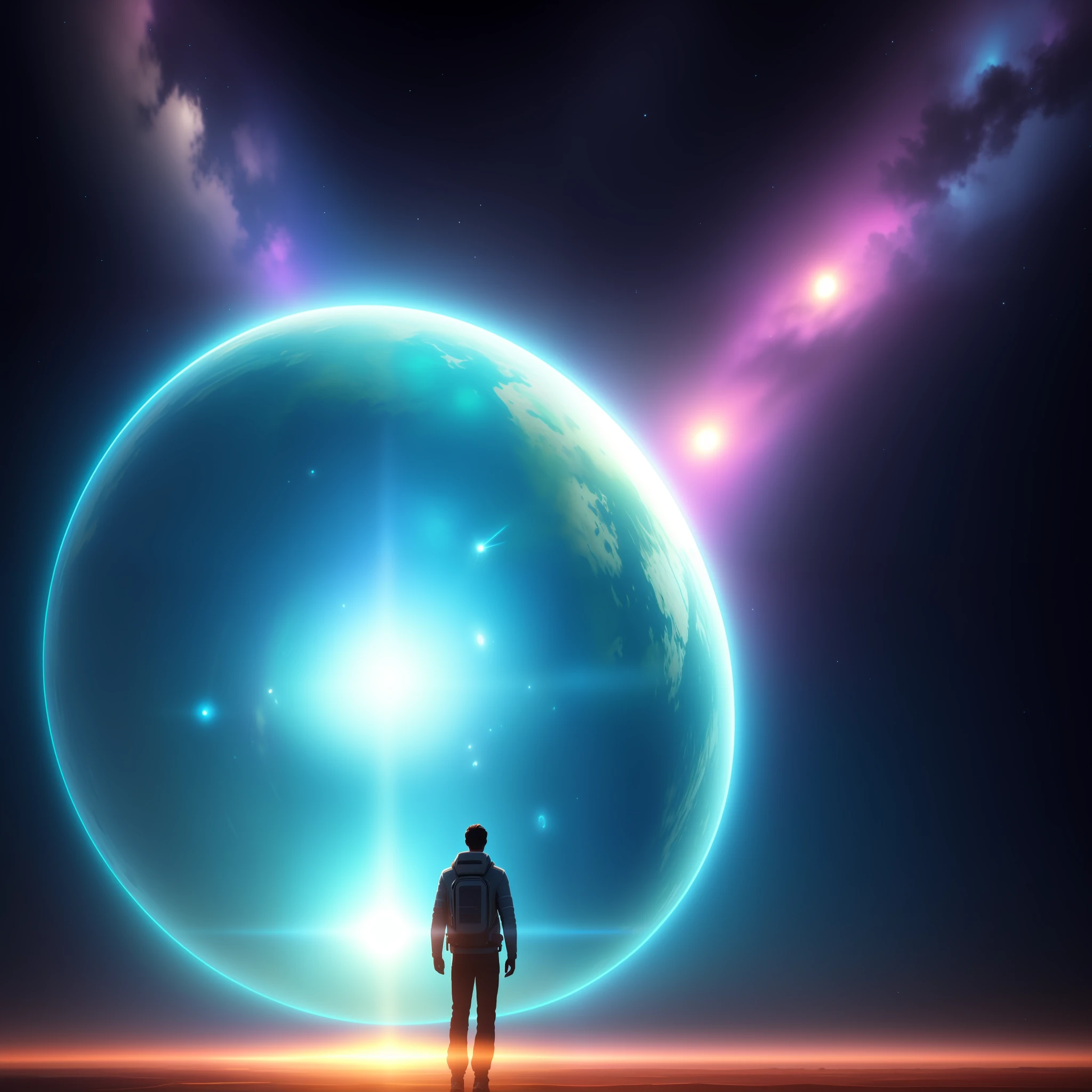 arafed image of a man standing in front of a large space with a bright light, concept art inspired by Beeple, pexels contest winner, space art, sci-fi digital art illustration, 8k stunning artwork, amazing wallpaper, concept art wallpaper 4k, 4k highly detailed digital art, portal to outer space, 8k hd wallpaper digital art