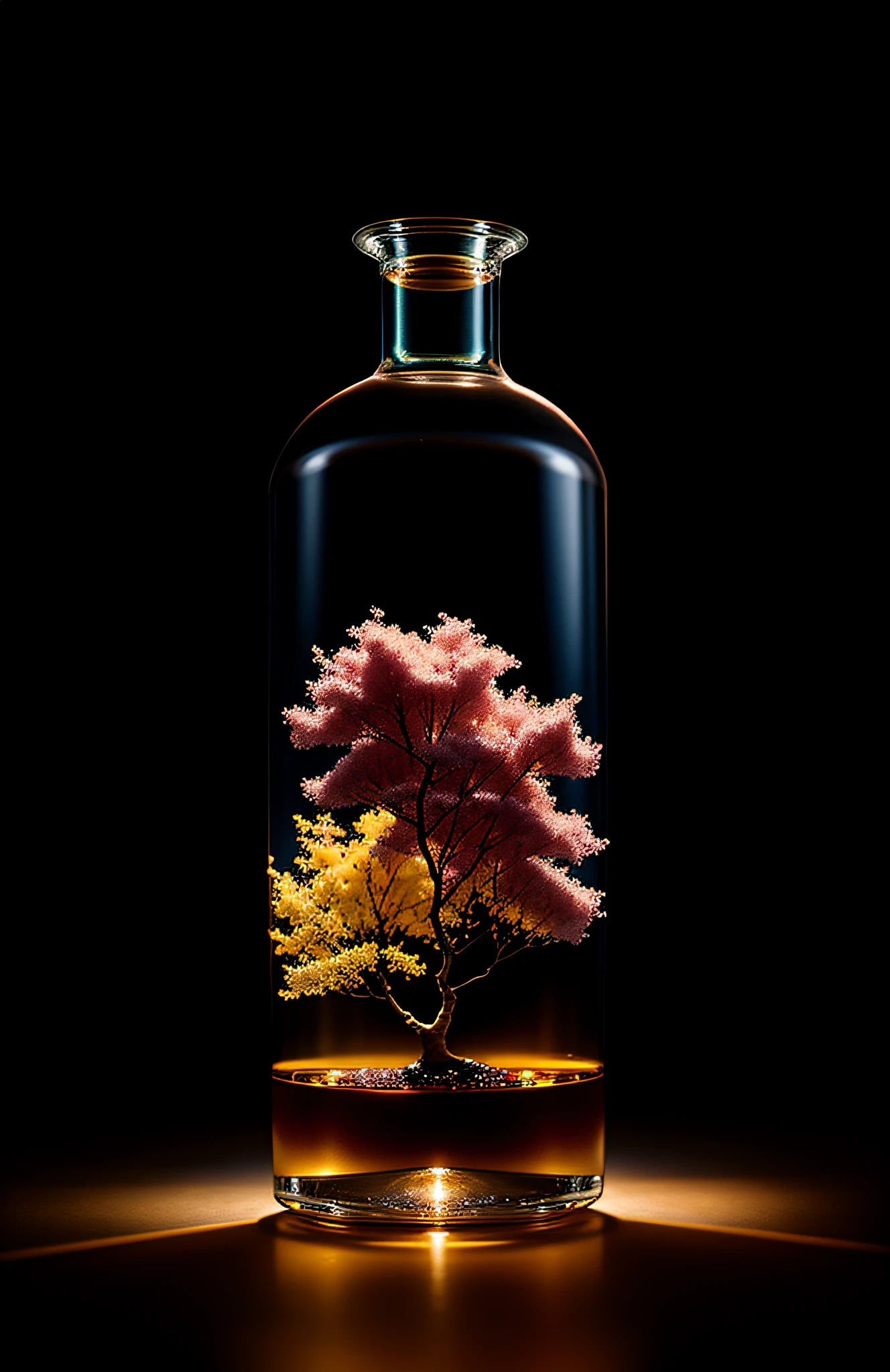 Cherry tree in a bottle, fluffy, realistic, atmospheric light refraction, photographed by lee jeffries, nikon d850 film Stock Photo 4 Kodak portra 400 camera f1.6 lens, rich colors, ultra realistic realistic textures, dramatic lighting, unreal engine trending on artstation cinestill 800, Style-Glass