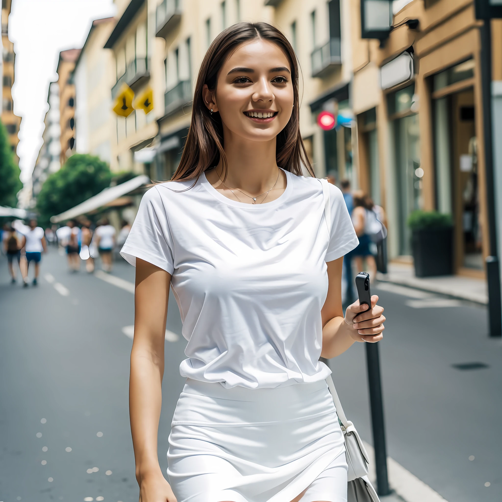 High Detail, Top Quality, Ultra High Resolution,4K, Woman in white t-shirt and white skirt strolling happily and leisurely around town --auto --s2
