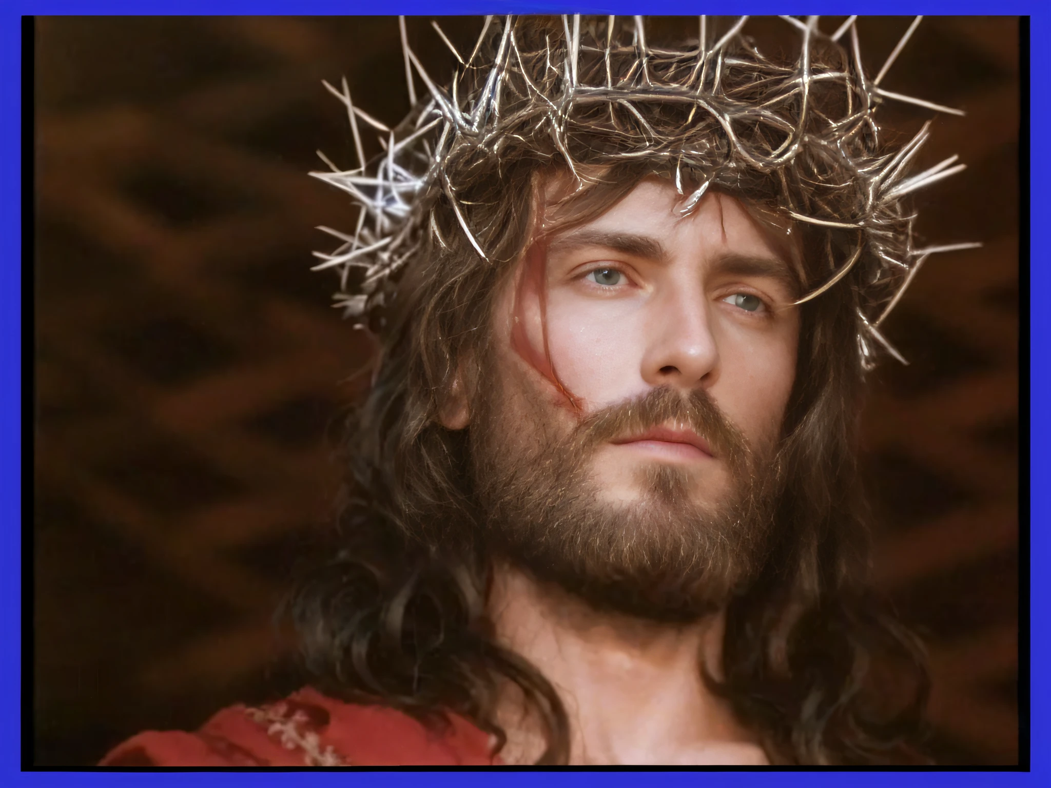 a close up of a man with a crown of thorns on his head, jesus of nazareth, crown of thorns, in the film excalibur 1 9 8 0, jesus christ, many crowns!! upon his head, 1 9 7 0 s film, king of kings, jesus face, jesus, jesus on the cross, screenshot from the 1983 film