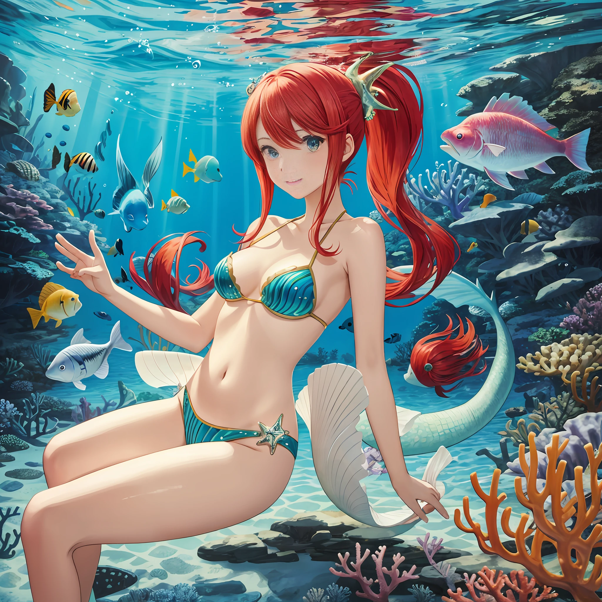 (masterpiece, top quality) detail, single mermaid, solo, sea, coral reef, underwater, tropical fish, mermaid, seashell bikini, red hair