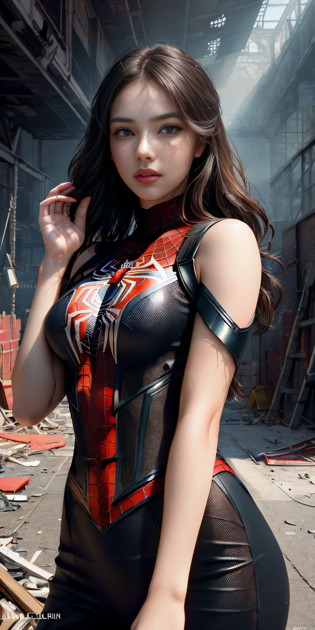 (1girl:1.3), solo, (((extremely detailed face))),(((extremely detailed eyes and face))),beautiful detailed eyes,body-parts__, official art, unified 8k wallpaper, super detailed, beautiful and aesthetic, beautiful, masterpiece, best quality, raw, masterpiece, super fine photo, best quality, super high resolution, photorealistic realism, sunlight, full body portrait, amazing beauty,, dynamic pose, delicate face, vibrant eyes, (from the front), she is wearing a Spider-man suit, red and black color scheme, spider, very detailed abandoned warehouse background, Detailed face, detailed complex busy background, messy, gorgeous, milky white, highly detailed skin, realistic skin details, visible pores, sharp focus, volumetric fog, 8k uhd, DSLR, high quality, film grain, fair skin, photo realism, lomography, huge metropolis in future dystopia, seen from below, translucent