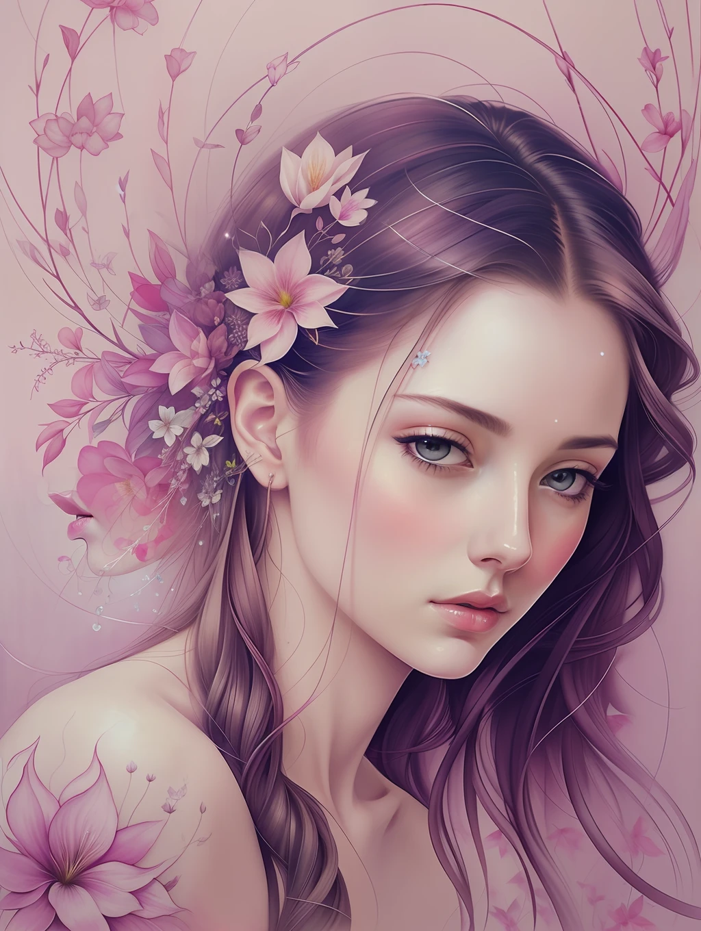 A botanical masterpiece in the style of Marco Mazzoni, detailed, hyper-realistic, elemets of symbolism and surrealism, a painting by mse a attractive seductive woman by agnes cecile, luminous design, pastel colours, ink drips, spring lights, intricate design, intertwined, beautiful attractive seductive woman, flowers, pastel