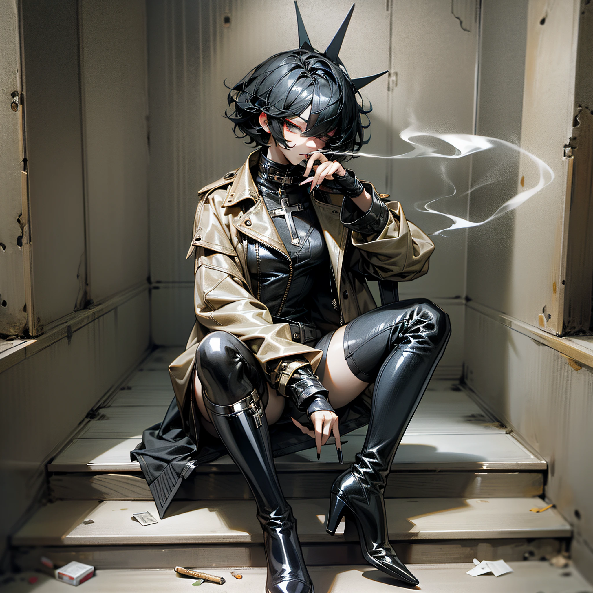 Jacket, short hair, cigarettes, black nails, cross, high-heeled shiny leather boots --auto --s2