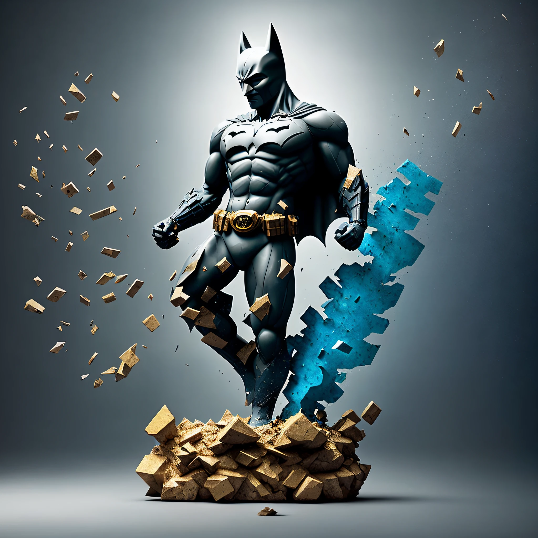mdjrny-shttr, broken statue of batman made of (marble:1.1) with golden inlays with (blue lightnings:1.3) on background, hyper-realism, best quality hyper-realism, best quality