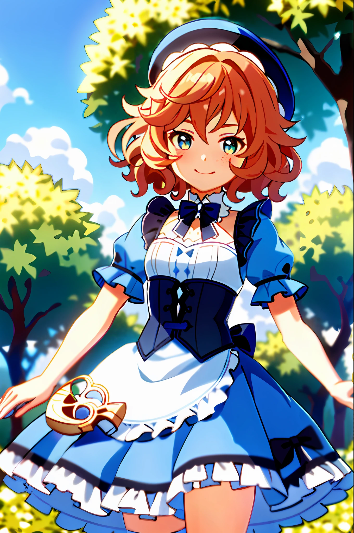 masterpiece, best quality, 1girl, solo, upper body, genshin impact, 1girl, branch, blue-green eyes, green leaves, forest, open mouth, cowboy shot, orange hair, short hair, very curly hair, curly hair, puffy hair, poofy hair, frizzy hair, curly hair, Afro hair, Afro, looking at viewer, small breasts, blue dress, frilly dress, puffy short sleeves, apron, blue maid outfit, dark blue corset, outdoors, freckles, friendly, big smile, cheerful, blue hair ribbon, solo, dynamic pose, genshin,