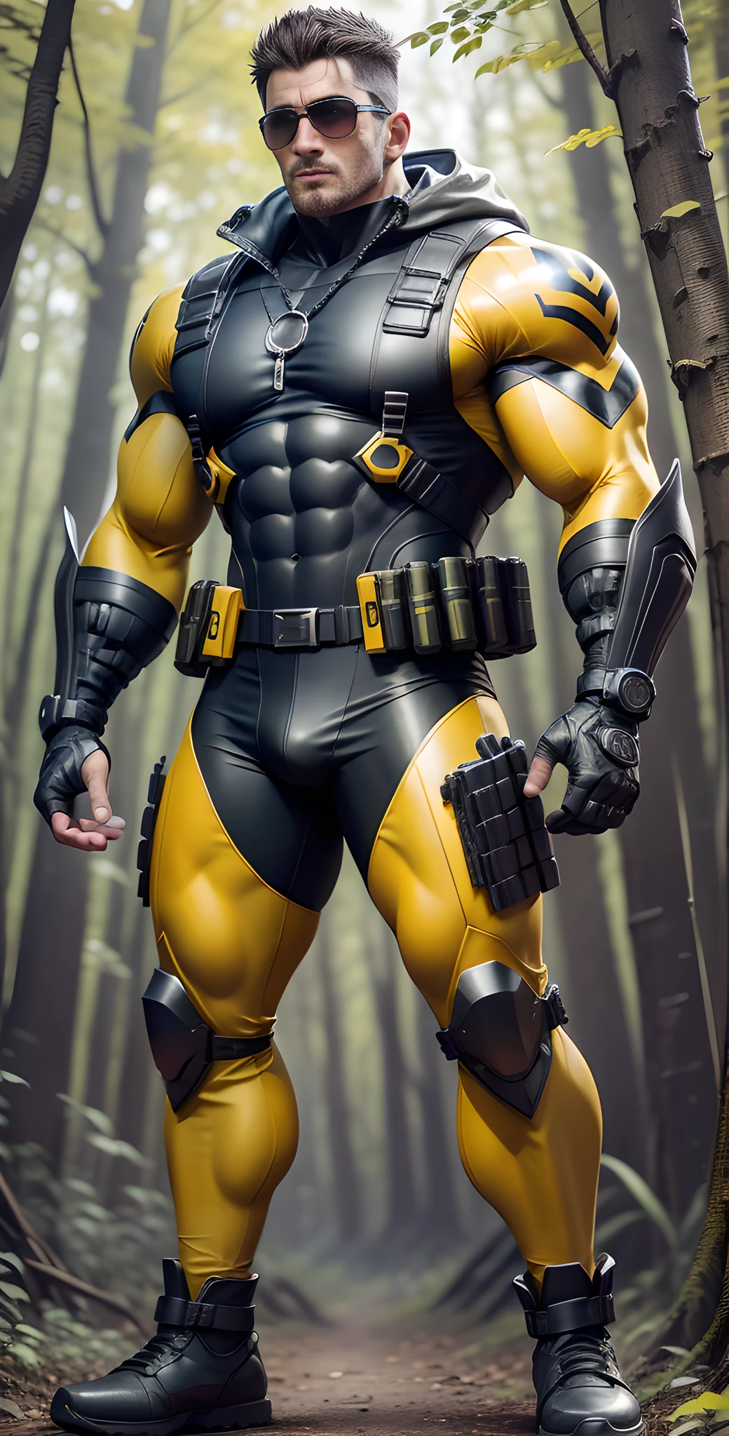 Arad man in yellow and black clothes standing in the woods, muscular male hero, conceptual art like Ernest Khalimov, heroic male pose, muscular! Wearing black sunglasses, cyberpunk, stealth suit, super buff and cool, high resolution committee, Chris Redfield, Jigachard muscle, Ernest Khalimov body, character design police, black army boots, charismatic strong male with armor
