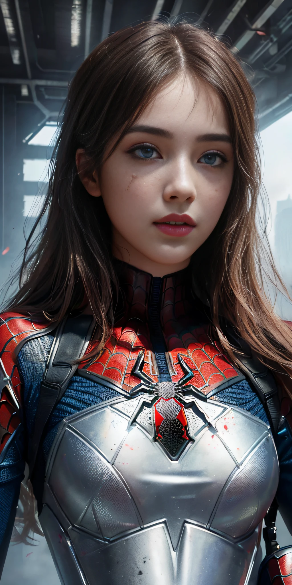 (1girl:1.3), solo, (((extremely detailed face))),(((extremely detailed eyes and face))),beautiful detailed eyes,body-parts__, official art, unified 8k wallpaper, super detailed, beautiful and aesthetic, beautiful, masterpiece, best quality, raw, masterpiece, super fine photo, best quality, super high resolution, photorealistic realism, sunlight, full body portrait, amazing beauty,, dynamic pose, delicate face, vibrant eyes, (from the front), she is wearing a Spider-man suit, red and black color scheme, spider, very detailed abandoned warehouse background, Detailed face, detailed complex busy background, messy, gorgeous, milky white, highly detailed skin, realistic skin details, visible pores, sharp focus, volumetric fog, 8k uhd, DSLR, high quality, film grain, fair skin, photo realism, lomography, huge metropolis in future dystopia, seen from below, translucent