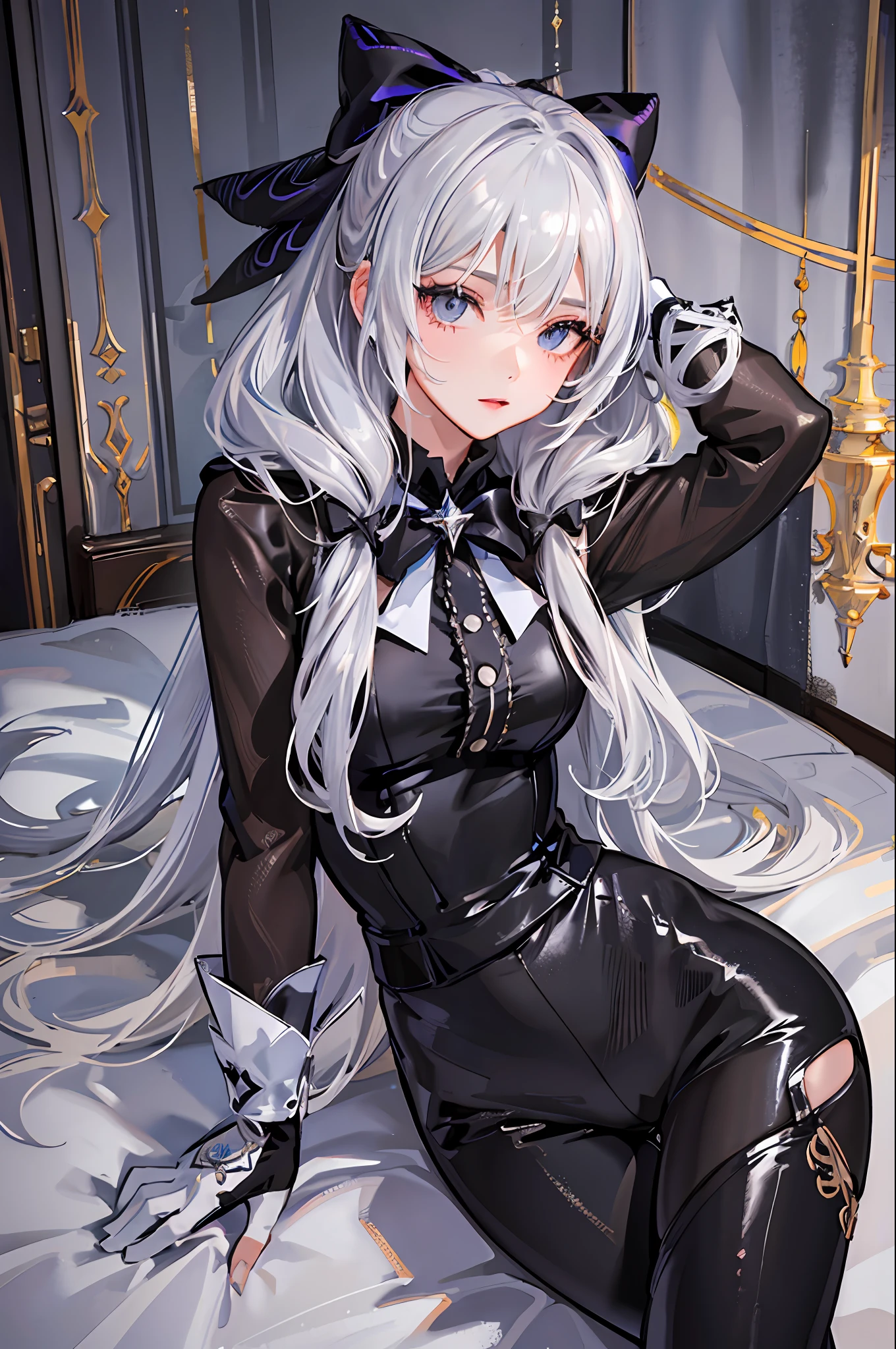 (((1 girl)),ray tracing,(dim lighting),[detailed background (bedroom)),((silver hair)),((silver hair)),(Fluffy silver hair, plump slender girl)) with high ponytail)))) Avoid blonde eyes in the ominous bedroom ((((Girl wears intricately embroidered black high-waisted pants with pantyhose) and white ruffled bow gloves), showing a delicate slim figure and graceful curves, correct limbs, sitting on the bed