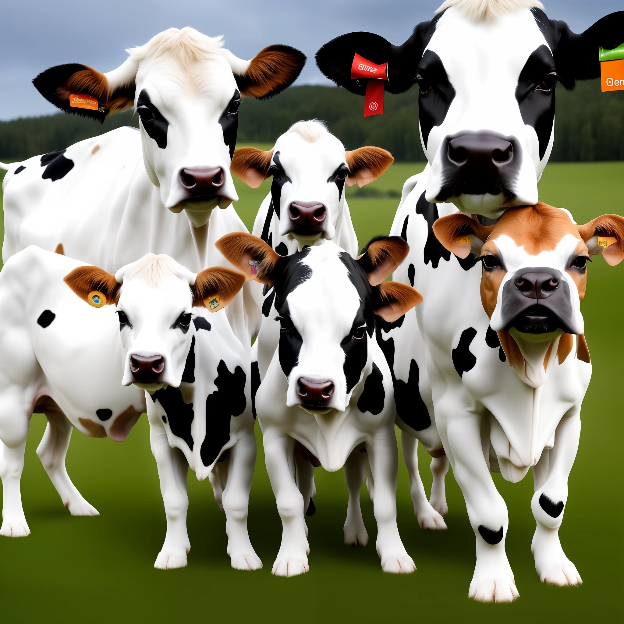 a realistic photo of a dog between two cows, fun, cute, Chaos and Order